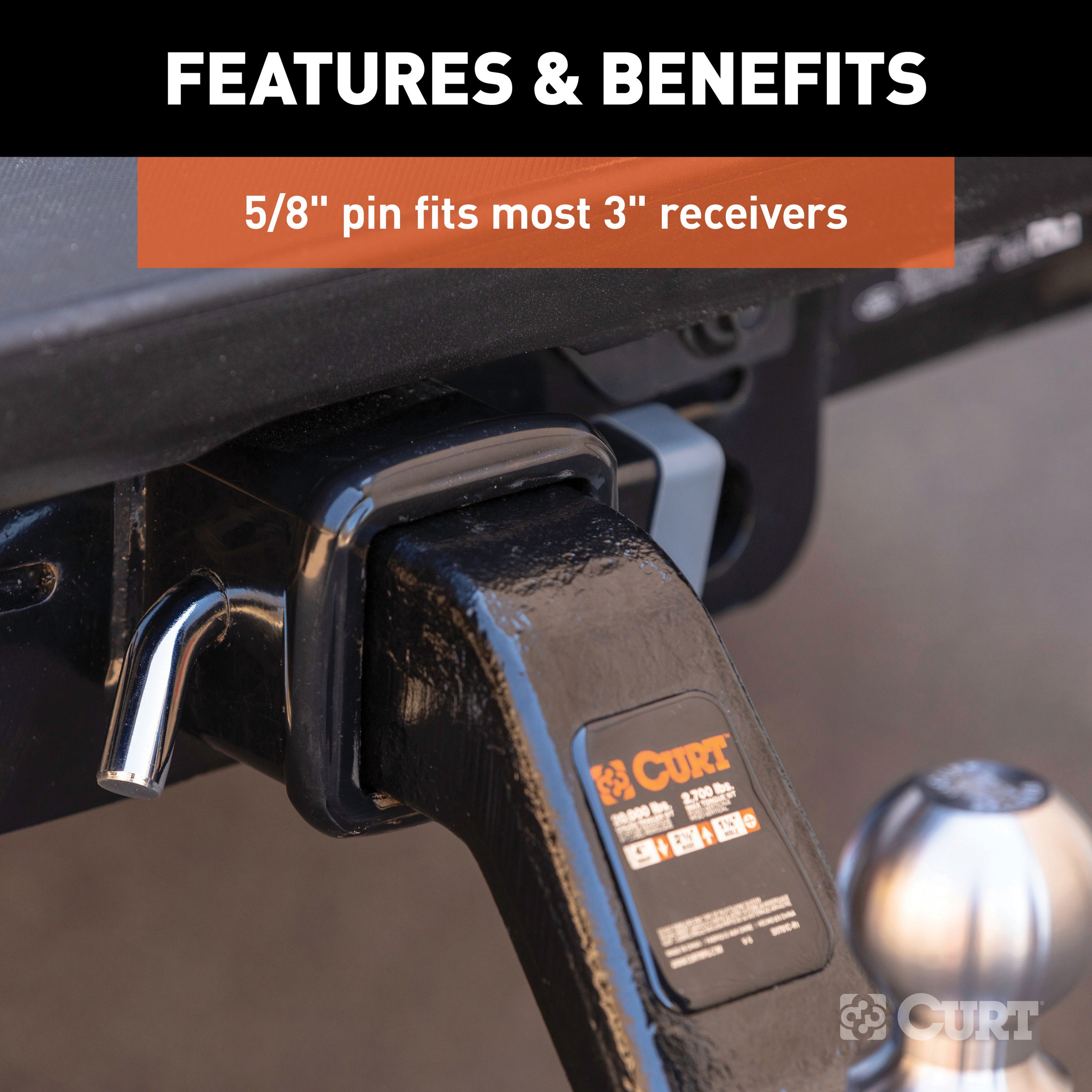 Curt 23021 Trailer Hitch Lock, 5/8 in Dia Pin, 6-3/4 in OAL, Carbon Steel, Chrome-Plated - 4