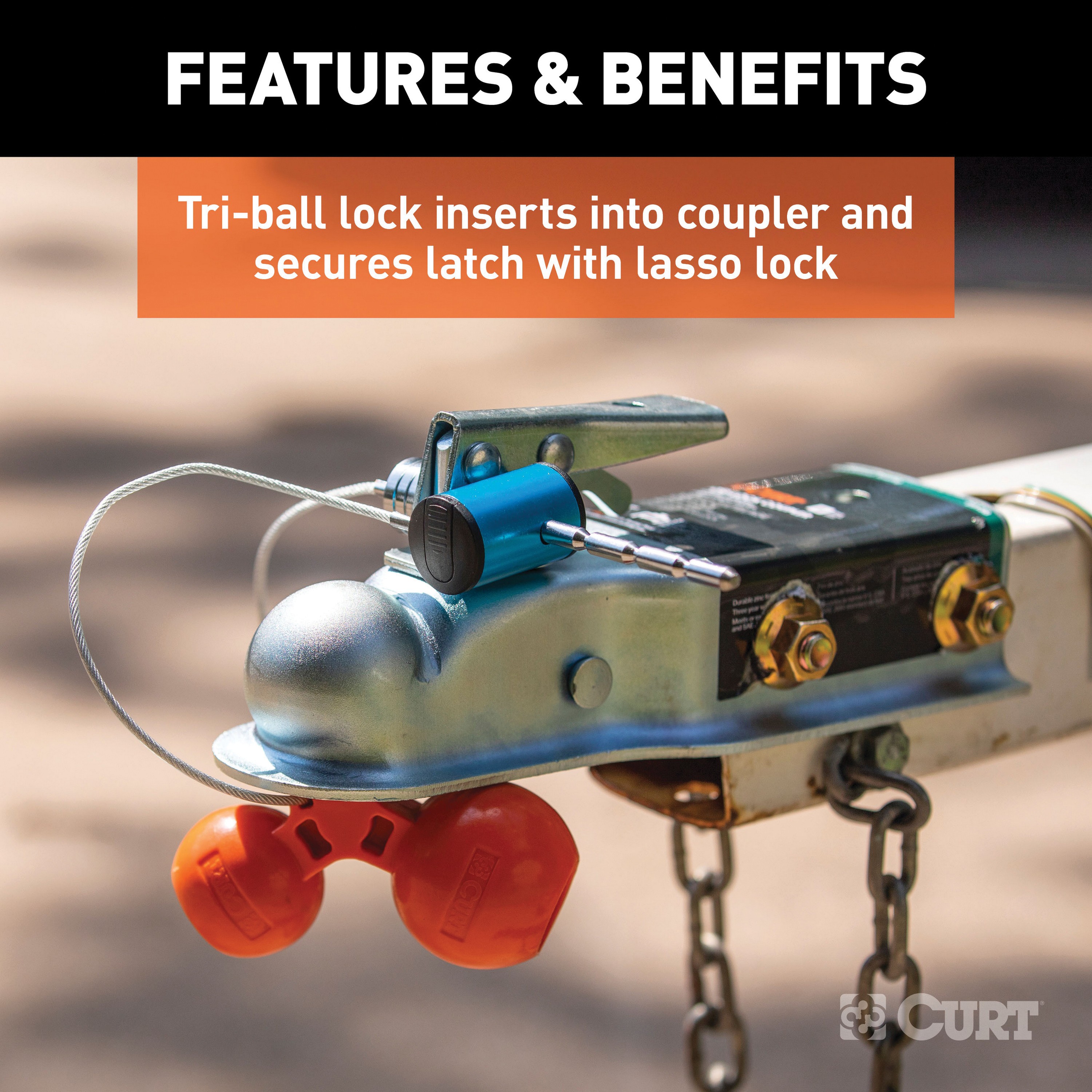 Curt 23082 Tri-Ball Trailer Coupler Lock, Universal Hitch, 1/4 in Dia Pin, 11 in OAL, Polymer - 4