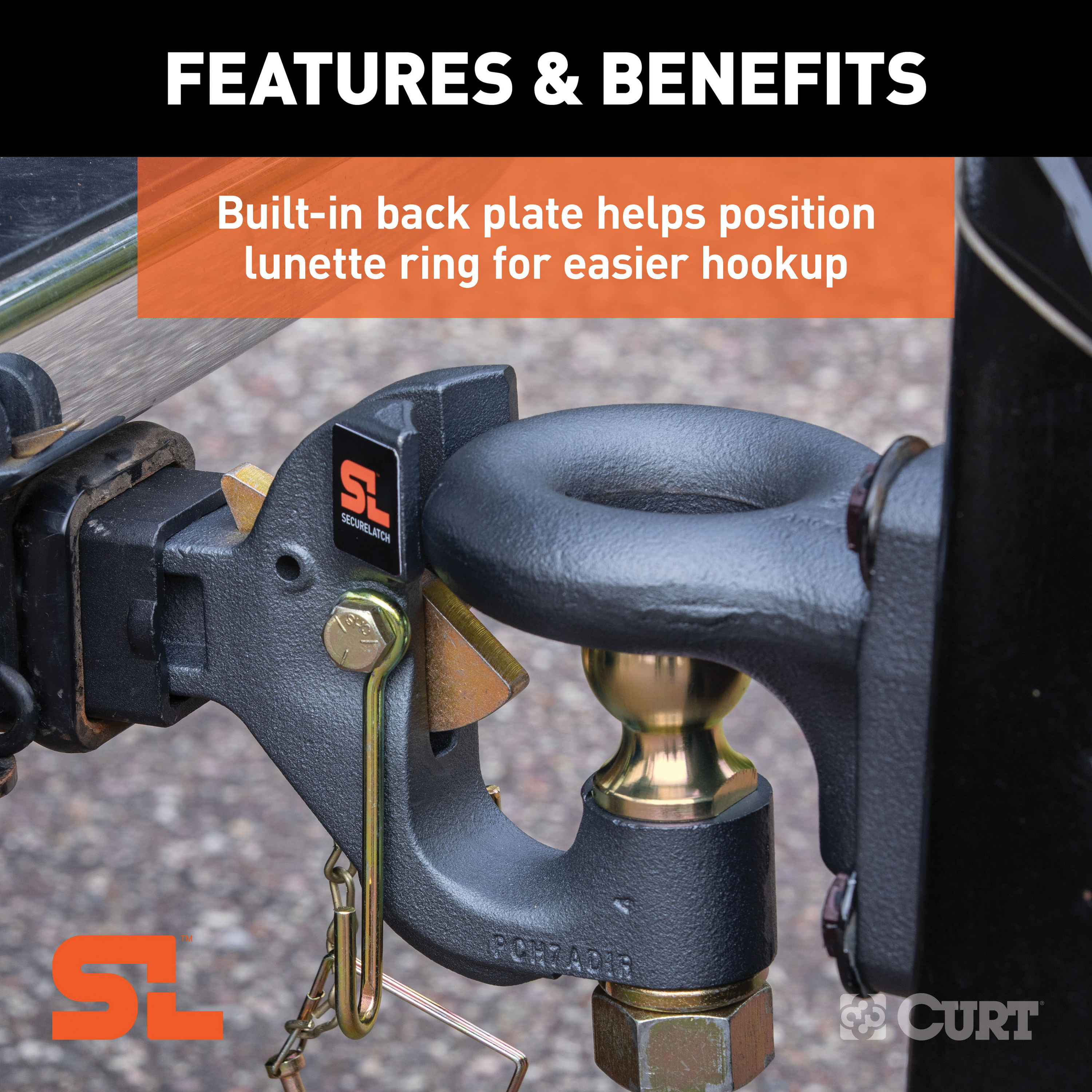 Curt 48406 SecureLatch Receiver Mount Ball and Pintle Hitch, 2-5/16 in Dia Hitch Ball, Carbon Steel - 4