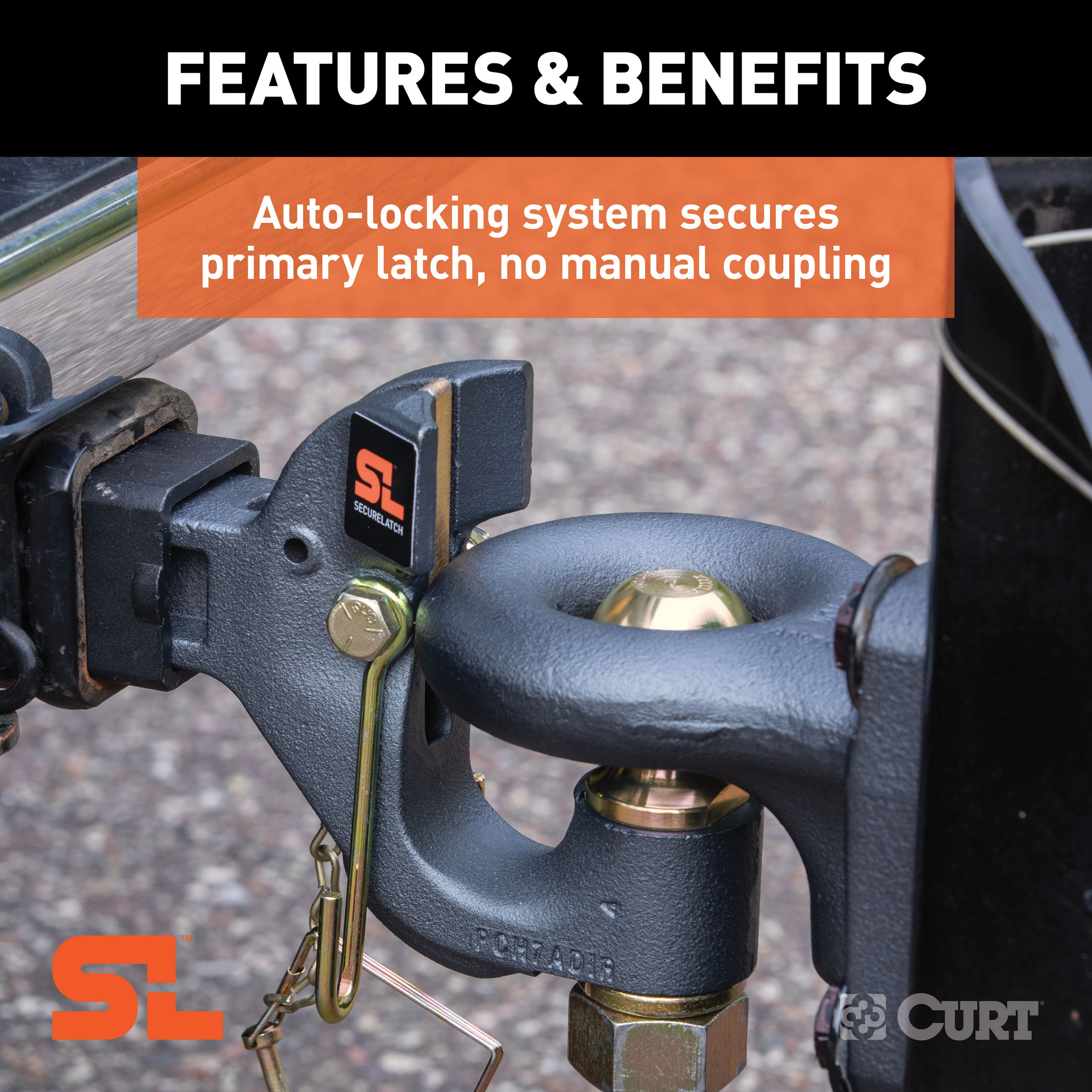 Curt 48406 SecureLatch Receiver Mount Ball and Pintle Hitch, 2-5/16 in Dia Hitch Ball, Carbon Steel - 5