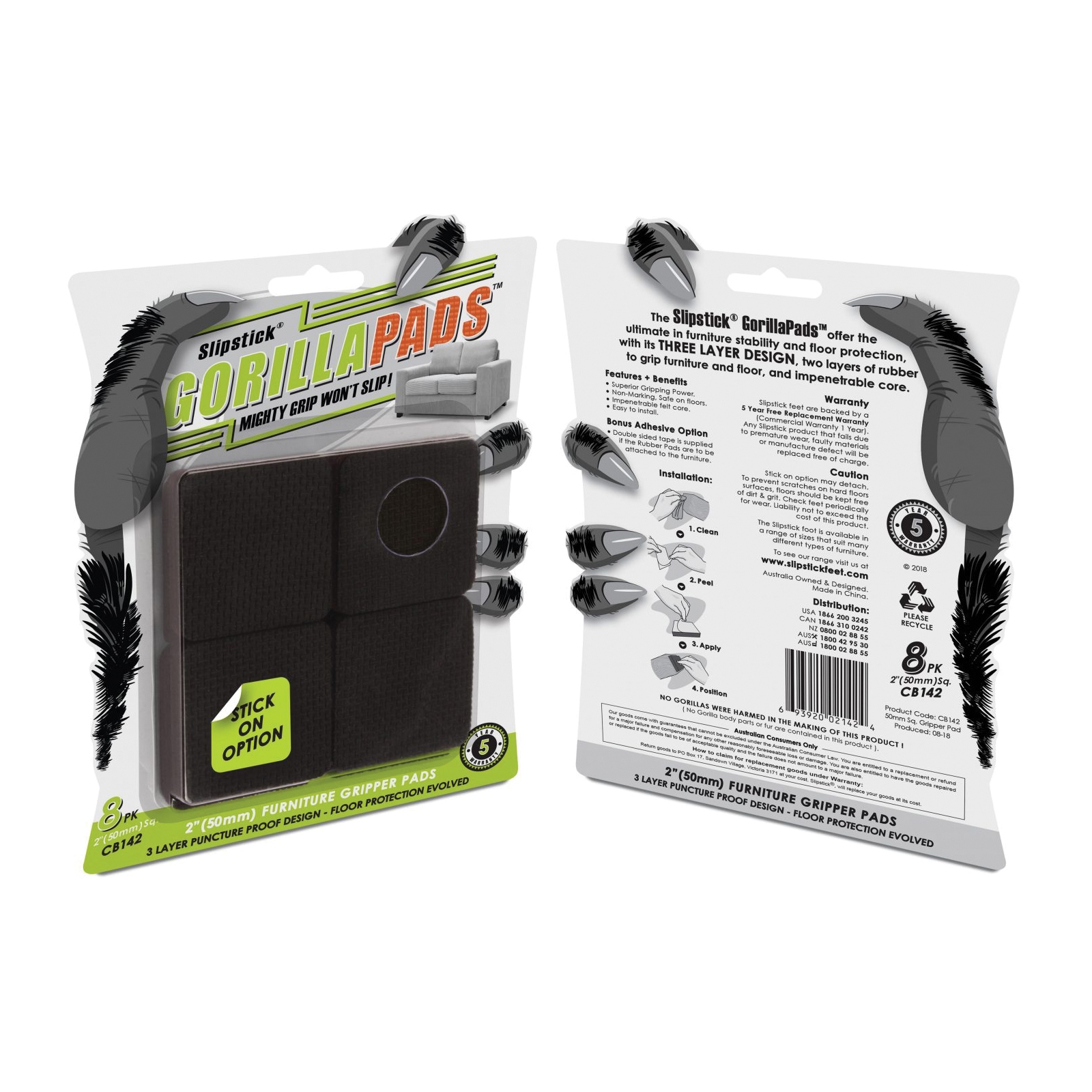 Slipstick GorillaPads CB142 Gripper Pad, Felt/Rubber, Black/Brown, 2 in L, 2 in W, 5/16 in Thick, Square - 2