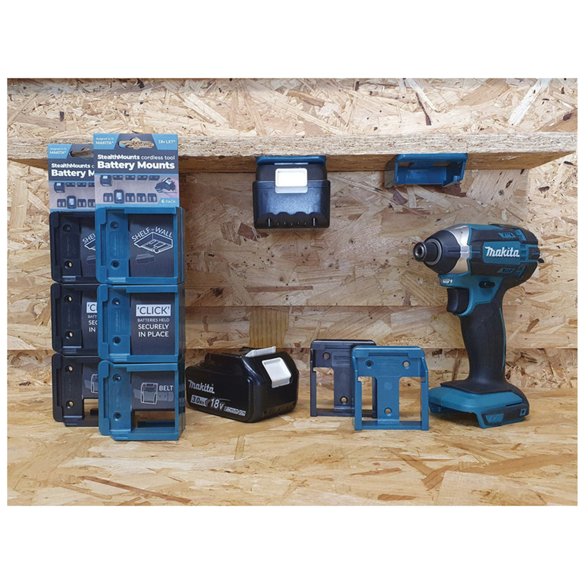 StealthMounts BM-MK18-BLU-6 Battery Mount, For: Milwaukee 18 V LXT Batteries, ABS, Blue, 6/PK - 3
