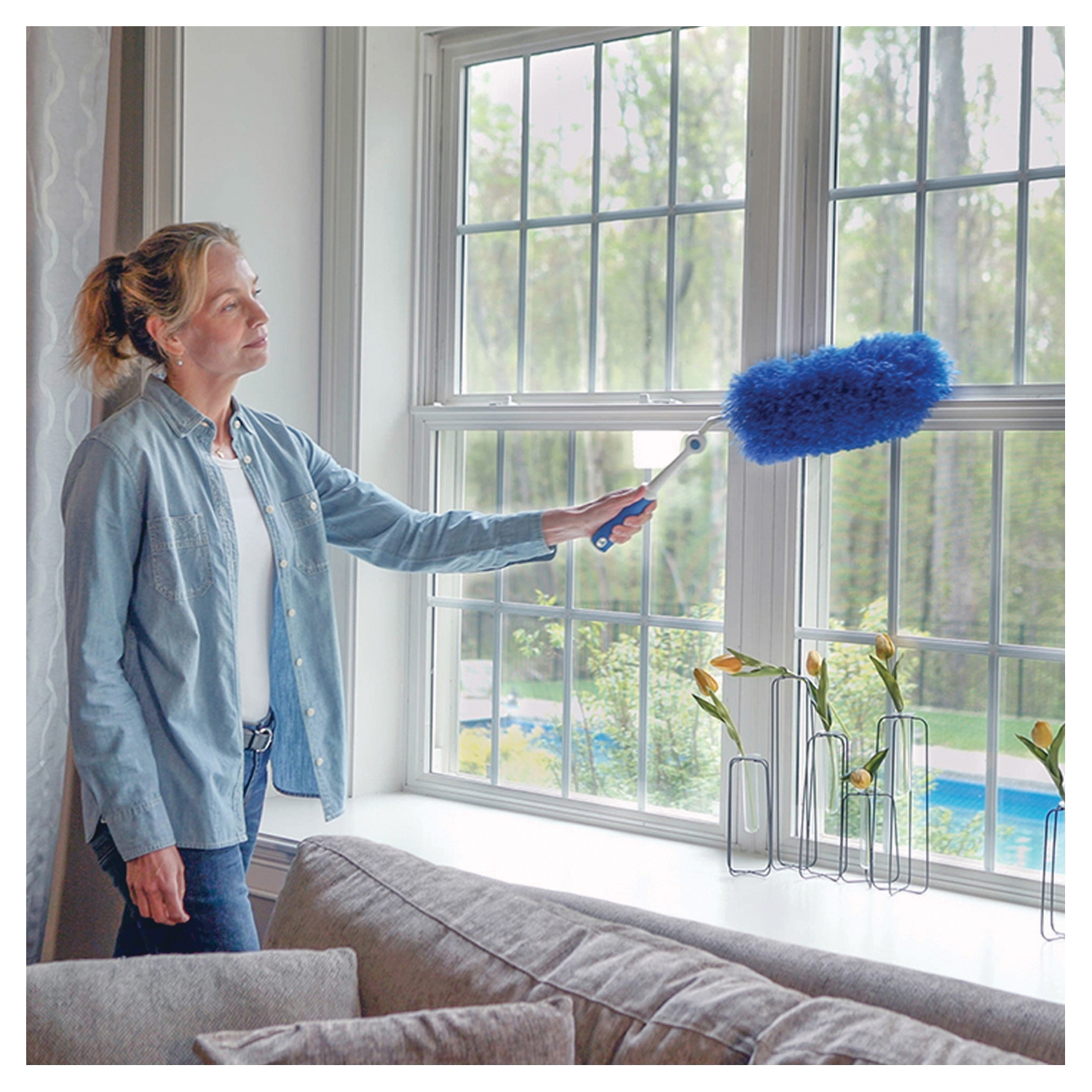 Unger 989230 Adjustable Click and Dust Duster, 2 in Head, Microfiber Head, 6 in L Handle, Blue - 3