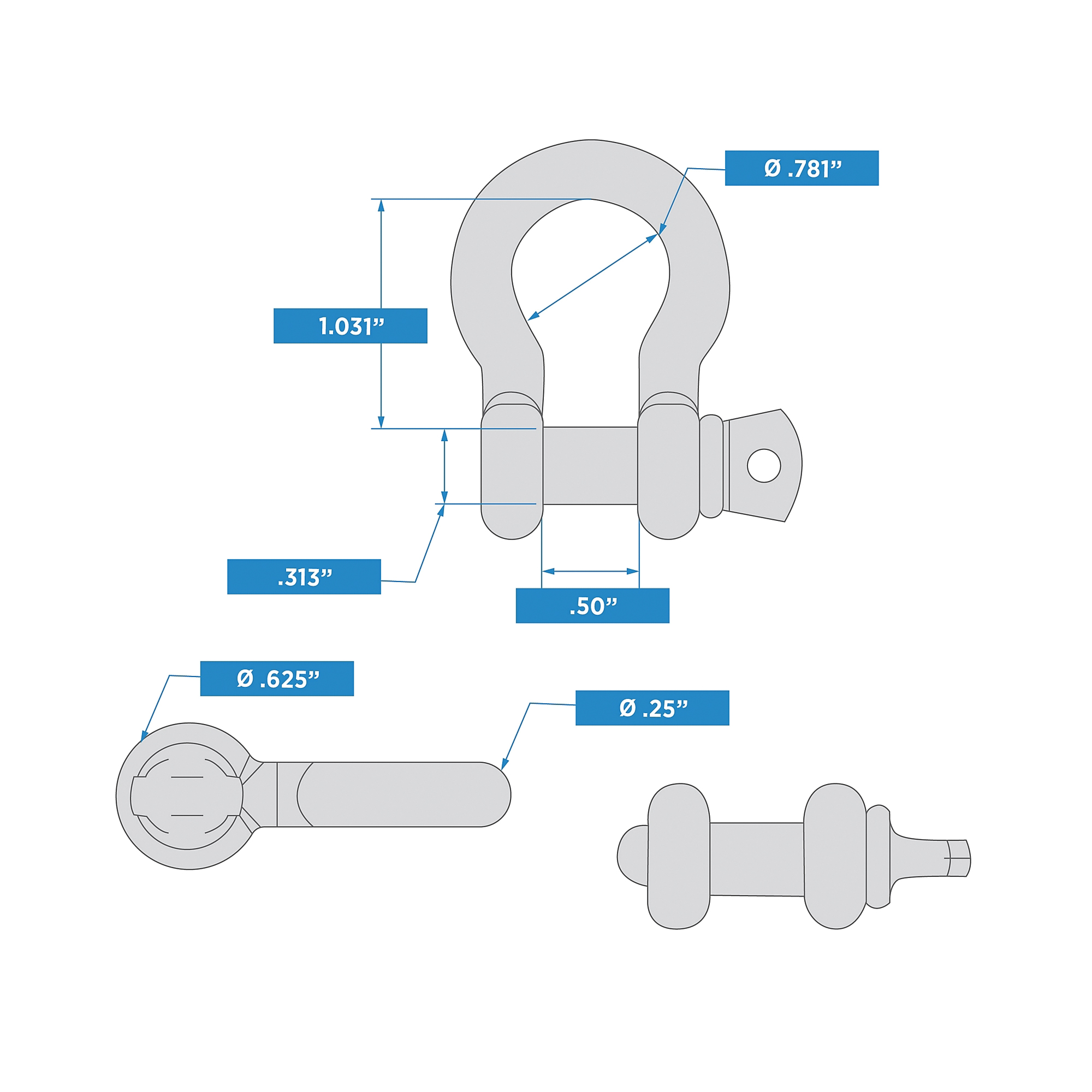 National Hardware N100-278 Anchor Shackle, 1/4 in Trade, 1100 lb Working Load, 1/4 in Dia Wire, 316 Grade - 4