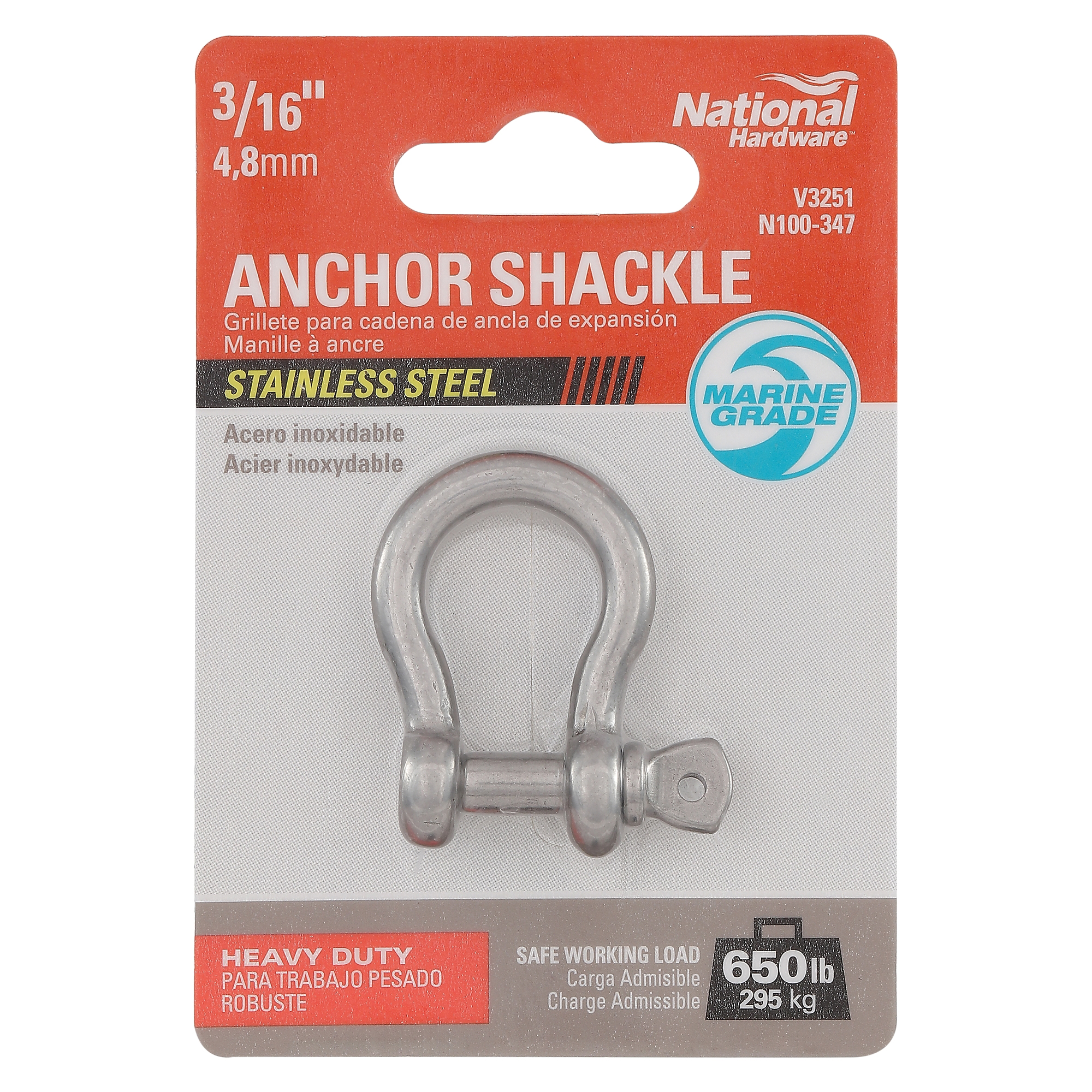 National Hardware N100-347 Anchor Shackle, 3/16 in Trade, 650 lb Working Load, 3/16 in Dia Wire, 316 Grade - 3