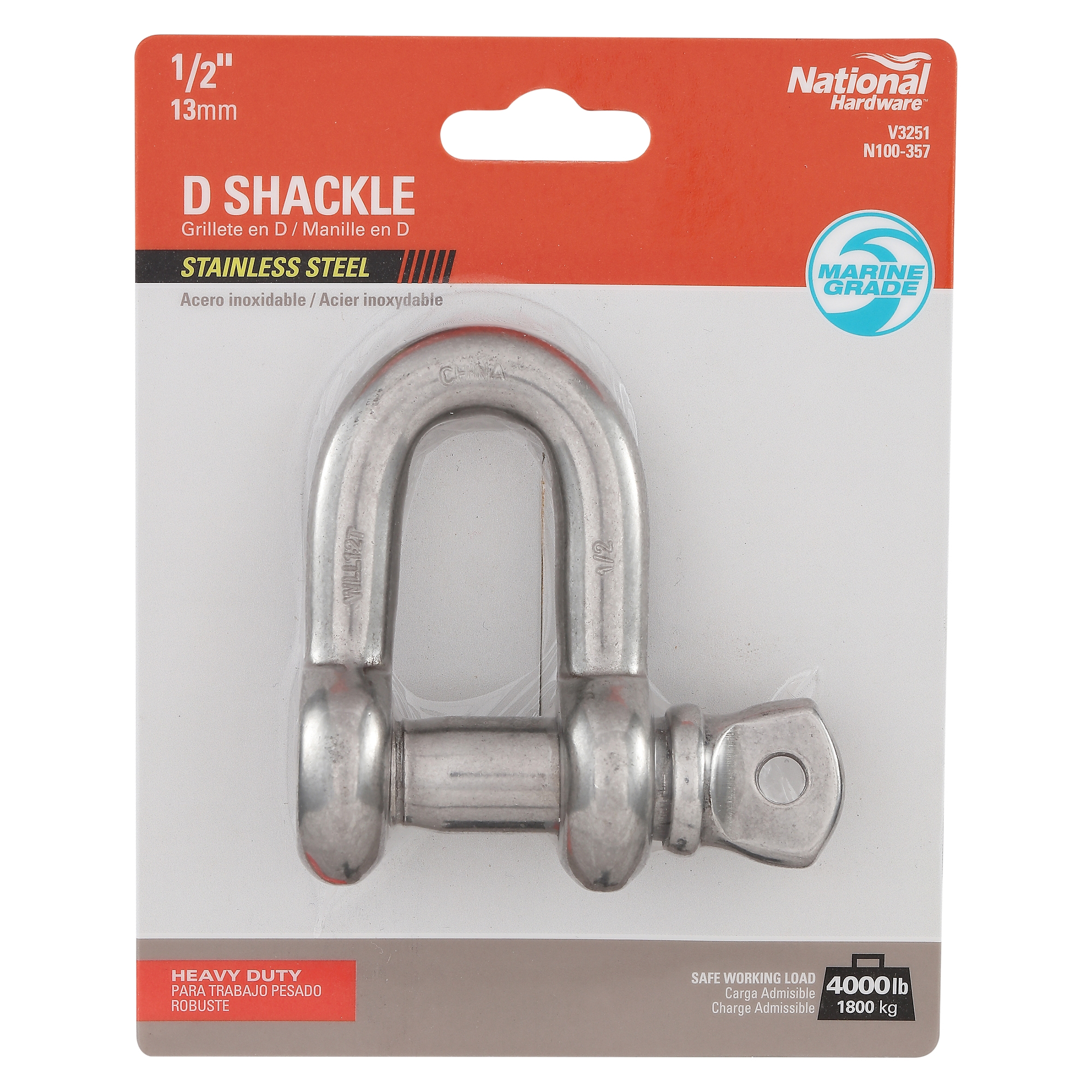 National Hardware N100-357 D-Shackle, 1/2 in, 4000 lb Working Load, 316 Grade, Stainless Steel, 1-1/2 in L Inside - 4