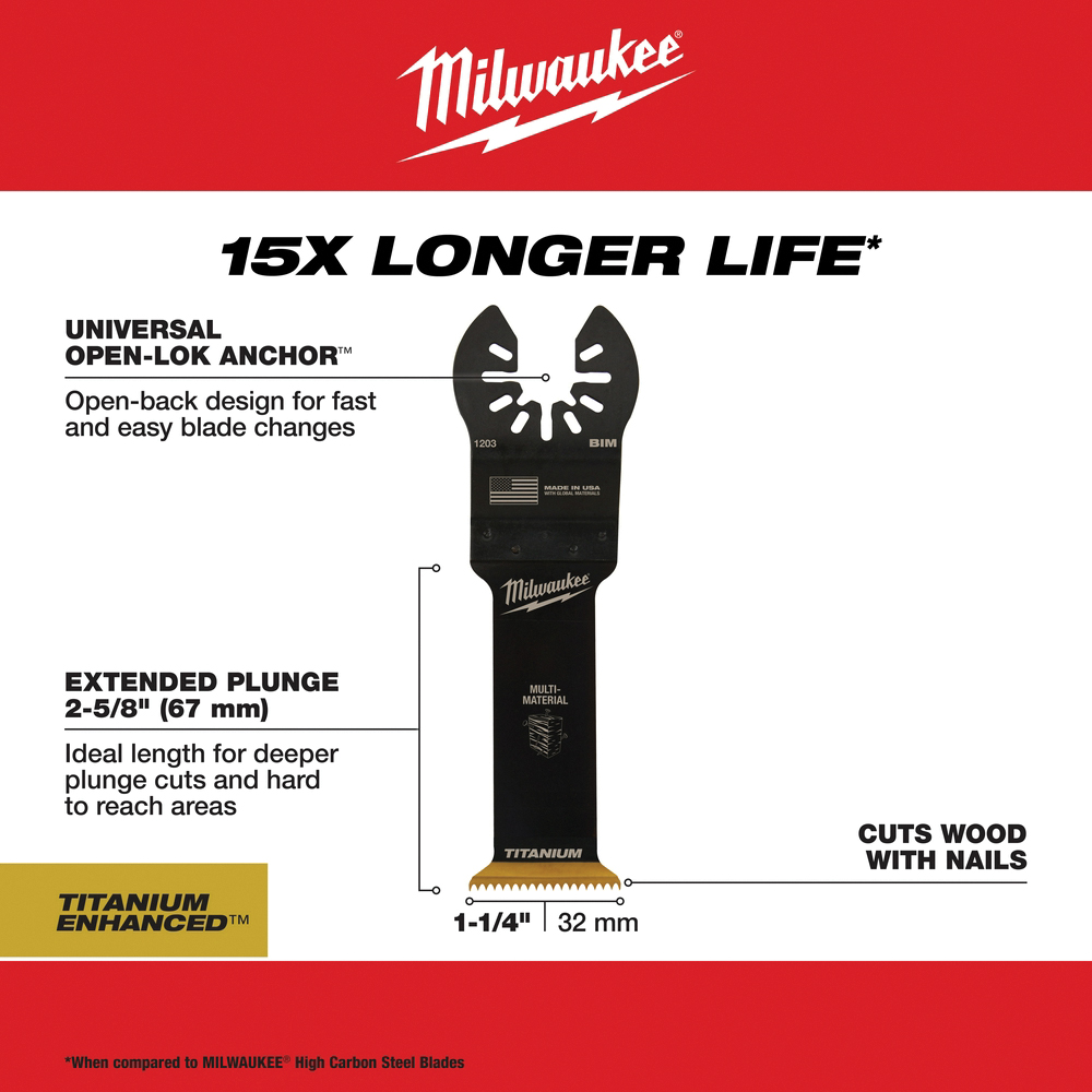Milwaukee 49-25-1203 Blade, 1-1/4 in, 1-5/8 in D Cutting, HCS/Titanium - 3