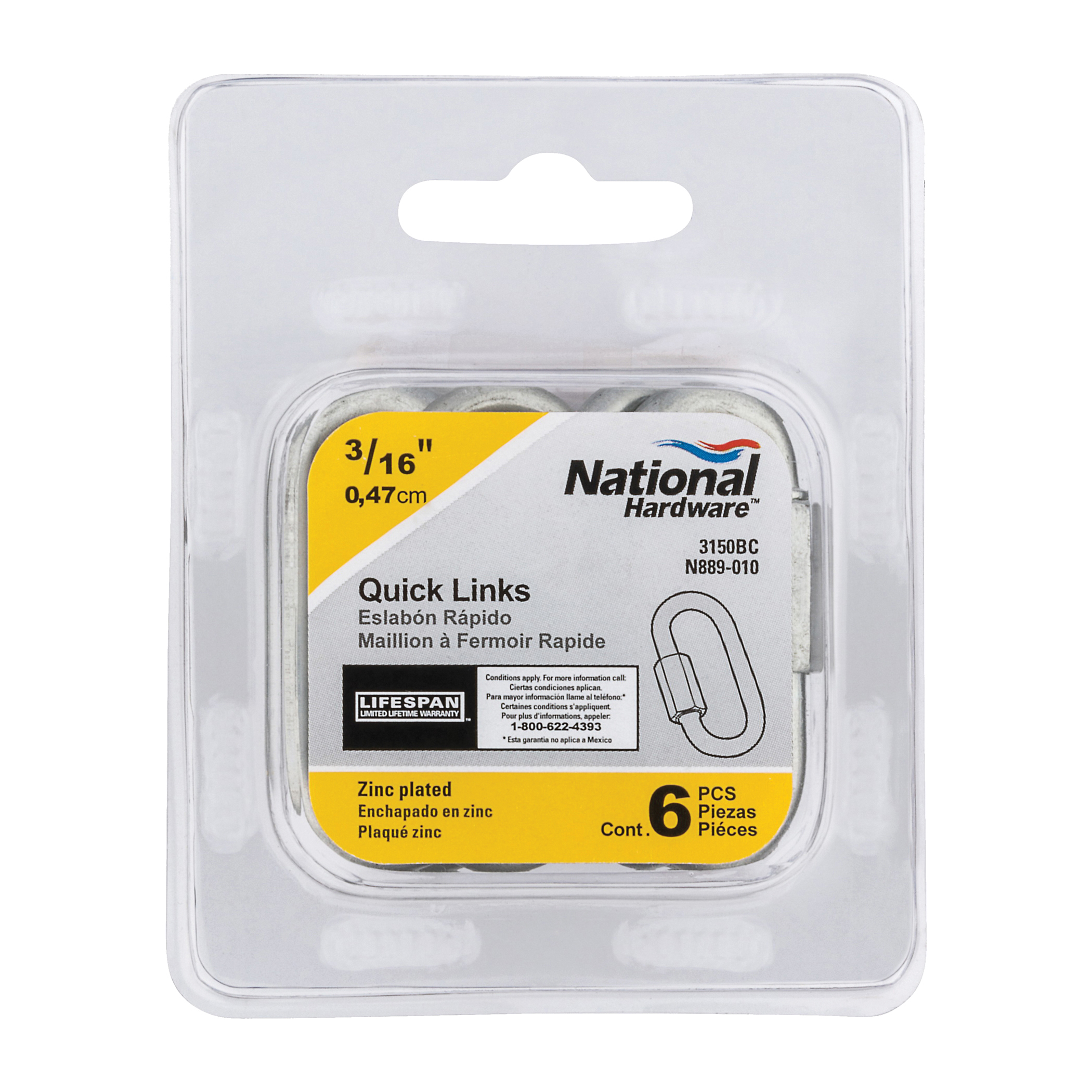 National Hardware N889-010 Quick Link, 3/16 in Trade, 660 lb Working Load, Steel, Zinc - 3