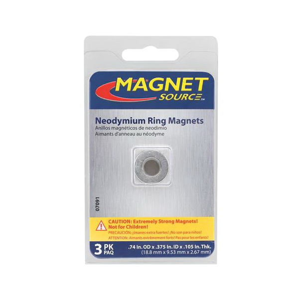 Magnet Source 07091 Ring Magnet, 5.58 lb Pull Force, Neodymium, Silver, 0.375 in ID x 0.74 in OD Dia, 0.1 in H - 2