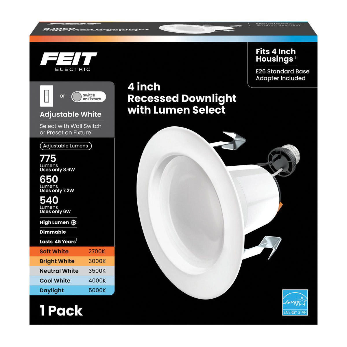 Feit Electric LEDR4HO/6WYCA Downlight, 775 Lumens, 2.3 in H x 5.1 in W Dimensions, 8.6 W, 120 V, LED Lamp, White - 3