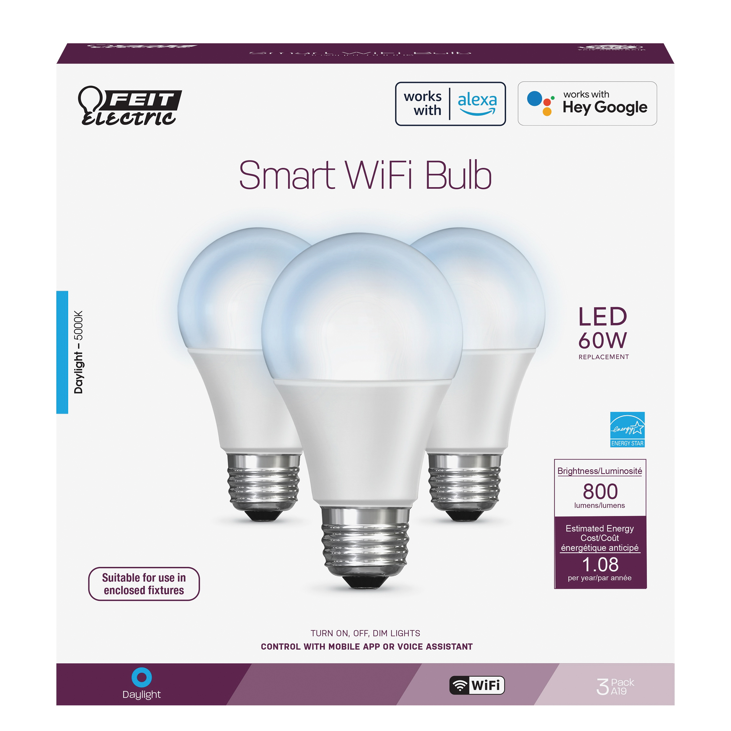 Feit Electric OM60/950CA/AG/3 Smart Bulb, 800 Lumens, 5000 K Color Temp, 60 W, E26 Lamp Base, 3/PK - 2