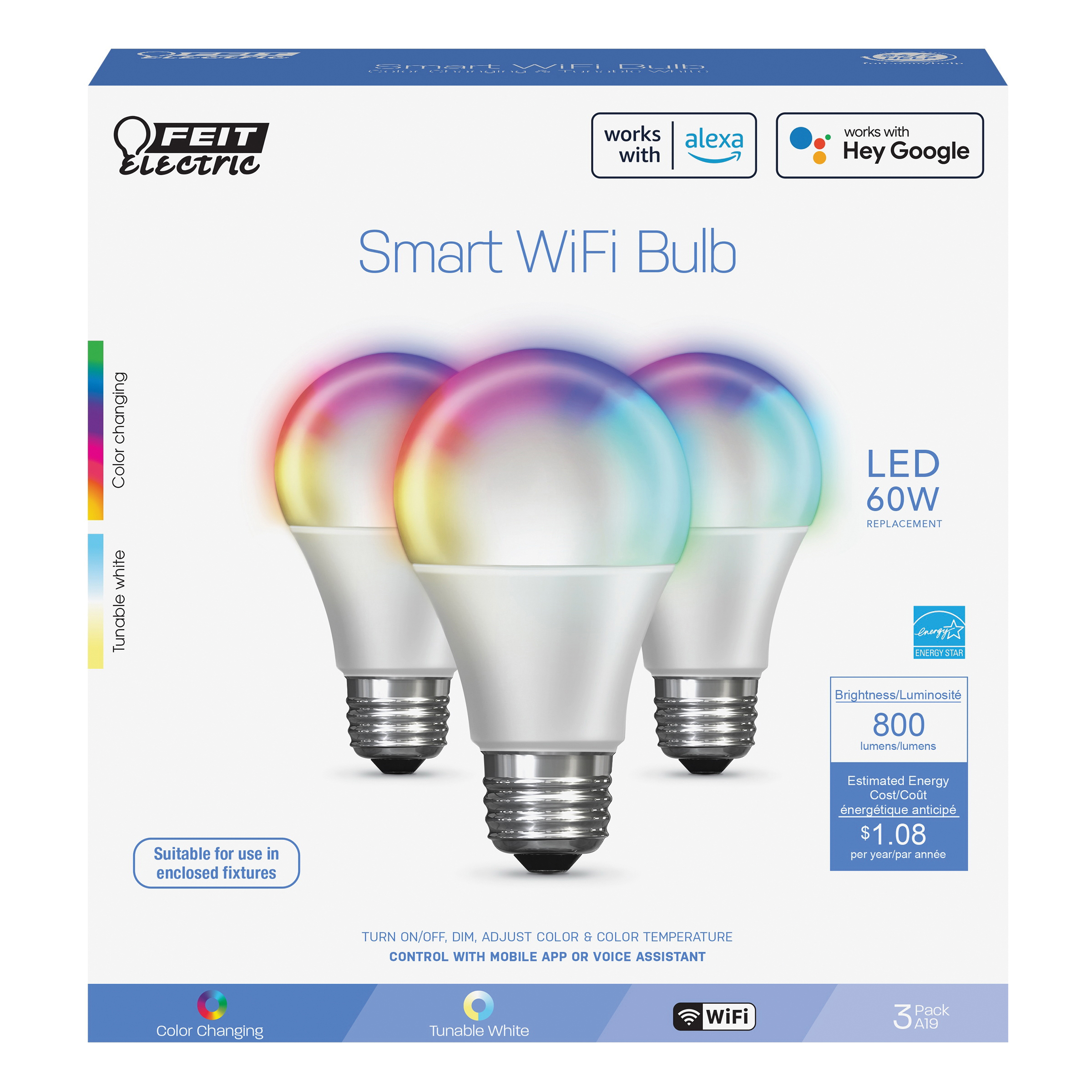 Feit Electric OM60/RGBW/CA/AG/3 Smart Bulb, 60 W, Wi-Fi Connectivity: Yes, Remote, Voice Control, E26 Lamp Base - 2