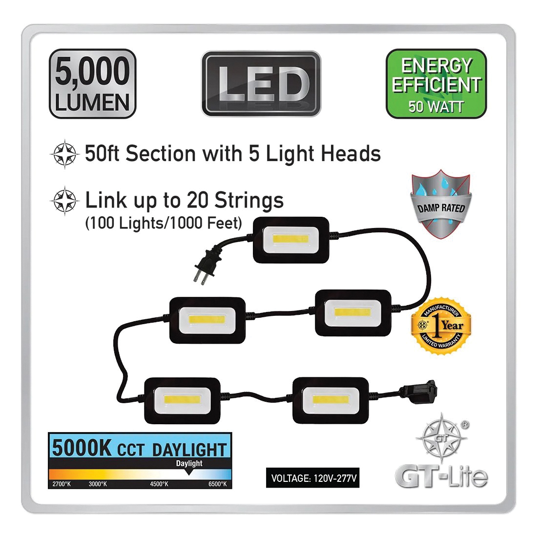 GT-Lite GT-421 String Light, 50 W, 20-Lamp, LED, Daylight, 50,000 hr - 4
