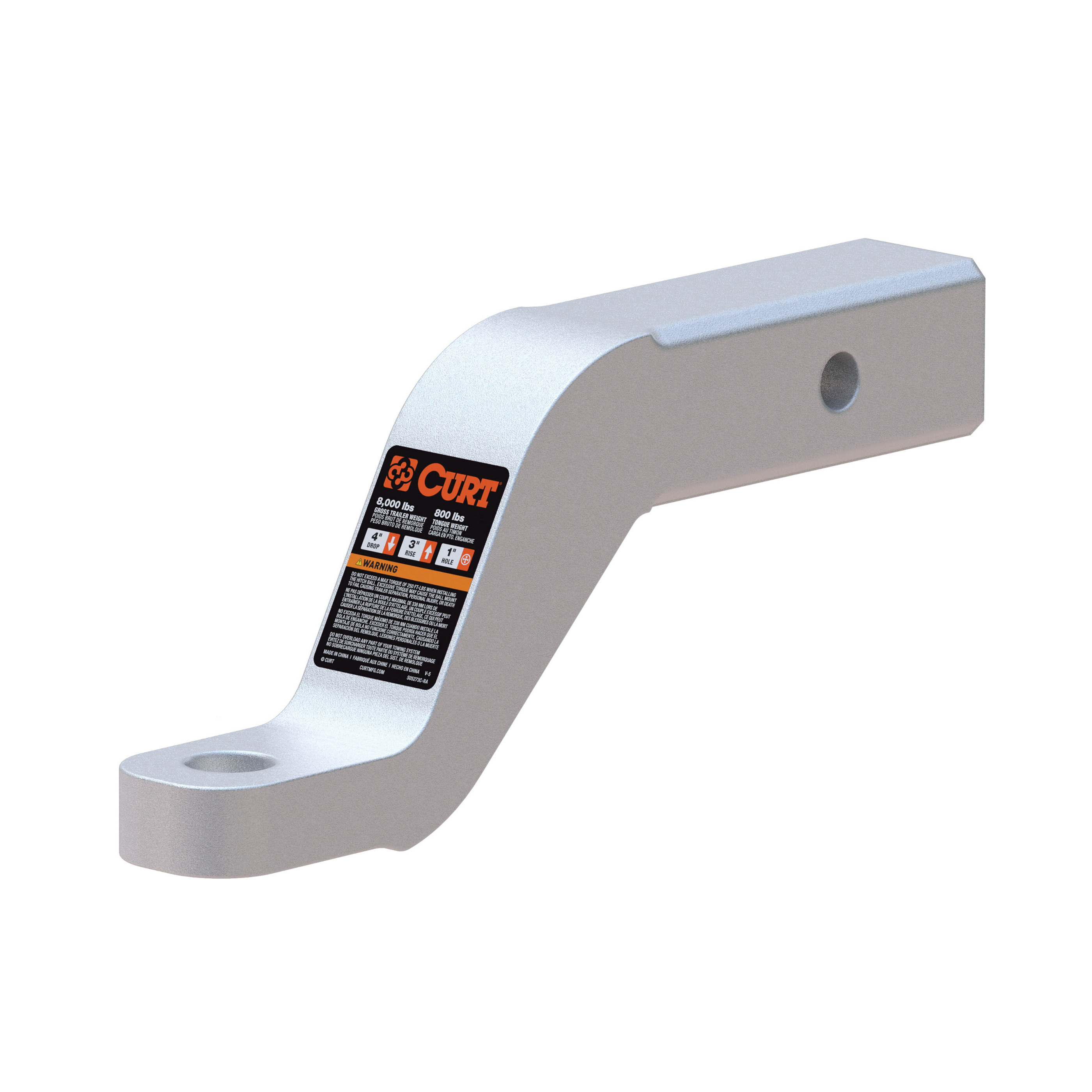 Curt 45361 Ball Mount, 8-1/2 in L, 4 in Drop, 3 in Rise, Class 3 Hitch, 1 in Dia Hitch Ball, Aluminum - 3