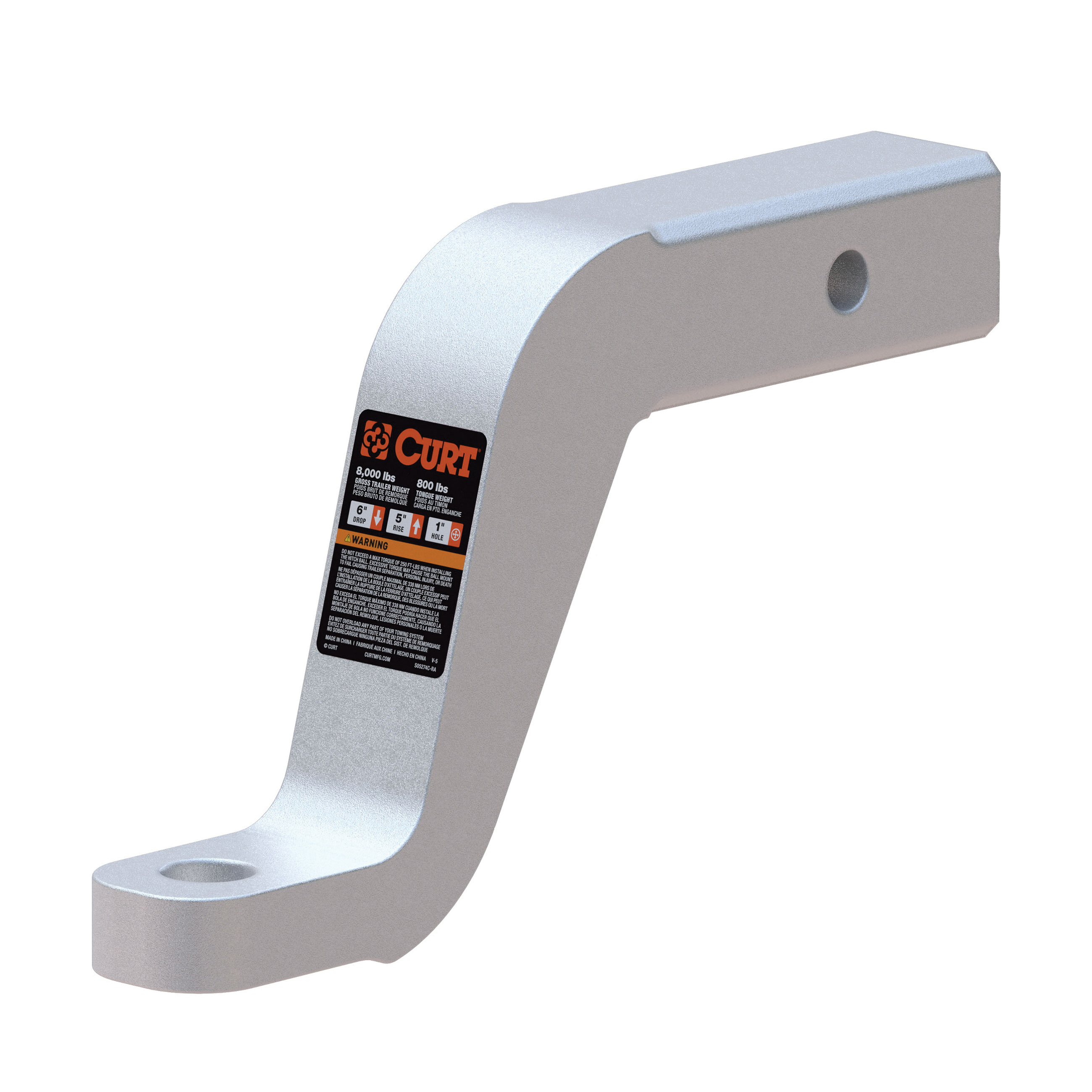 Curt 45362 Ball Mount, 8-1/2 in L, 6 in Drop, 5 in Rise, Class 3 Hitch, 1 in Dia Hitch Ball, Aluminum - 3