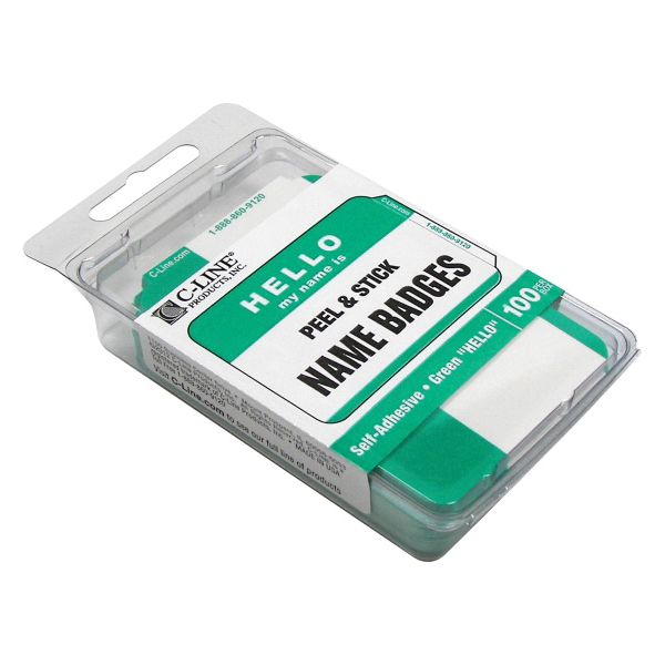 C-Line 92233 Pressure Sensitive Badge, 3-1/2 in L, 2-1/4 in W, Hello my name is, Green Background - 2