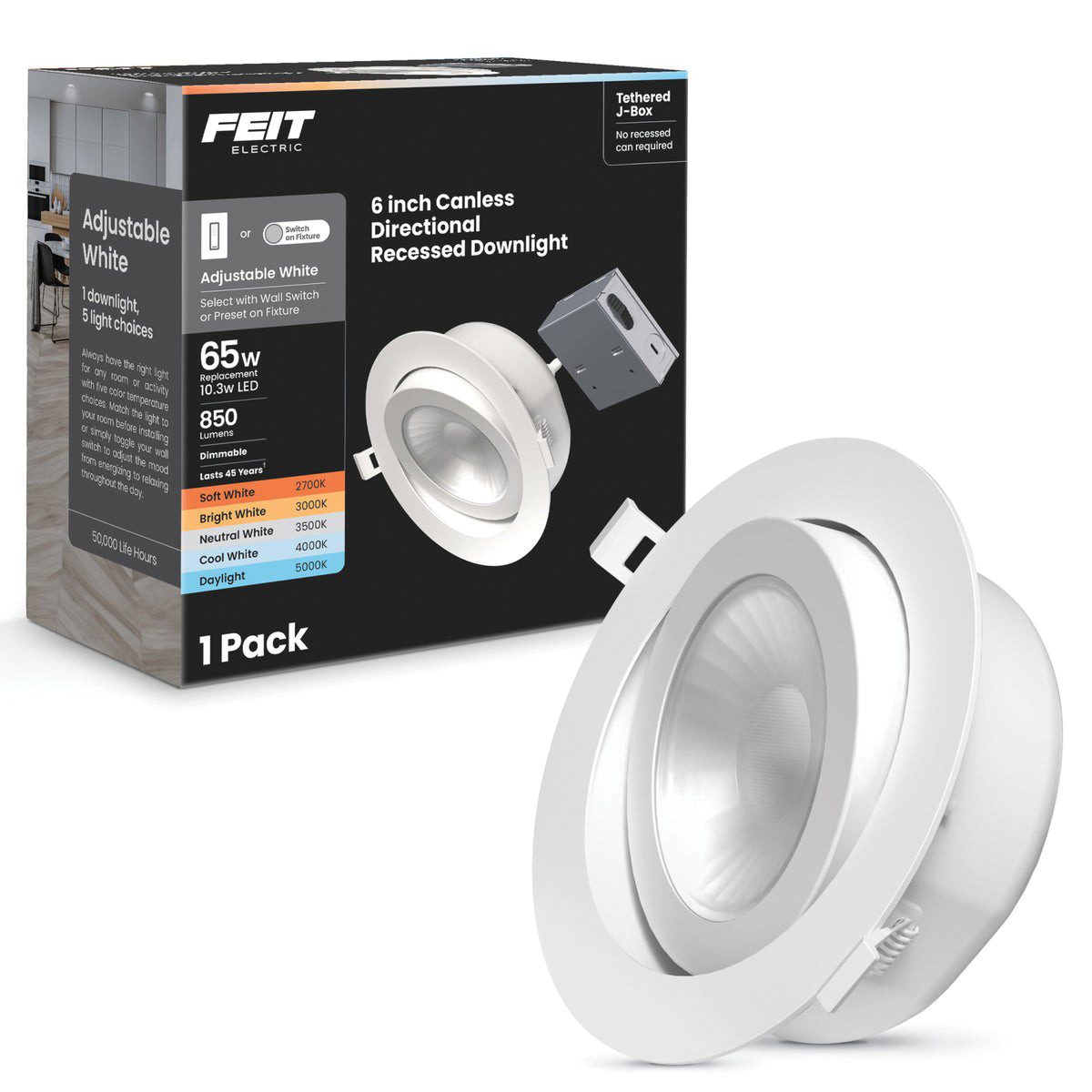 Feit Electric LEDR6XT/ADJ/6WYCA Adjustable Angle Recessed LED Downlight, 10.3 W, 120 V, LED Lamp, Aluminum, White - 3
