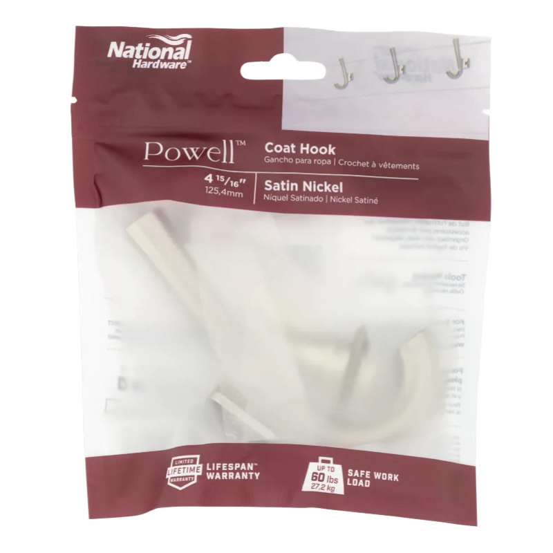 National Hardware Powell N337-913 Angled Hook, 60 lb, Aluminum, Satin Nickel - 2
