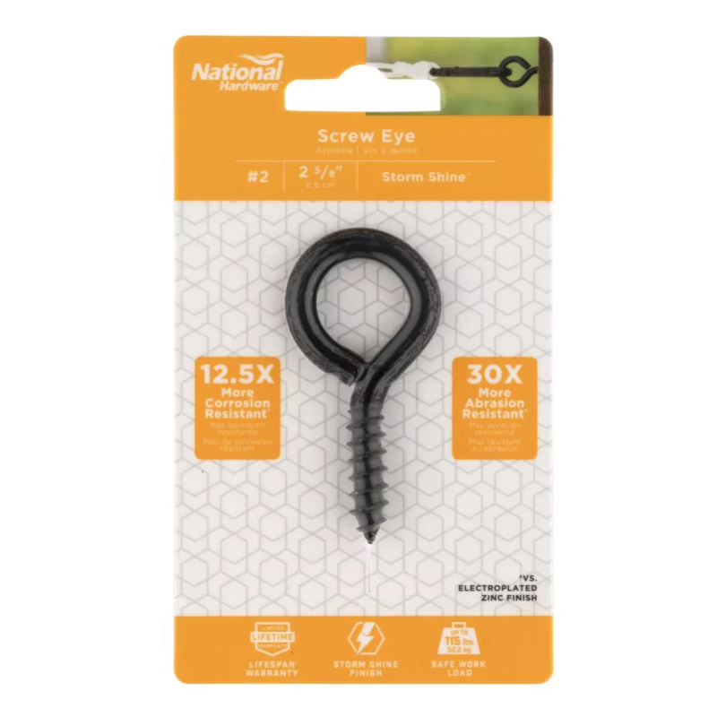 National Hardware N820-089 Screw Eye, #2, 2-5/8 in OAL, 115 lb Working Load, Steel, Storm Shine - 4
