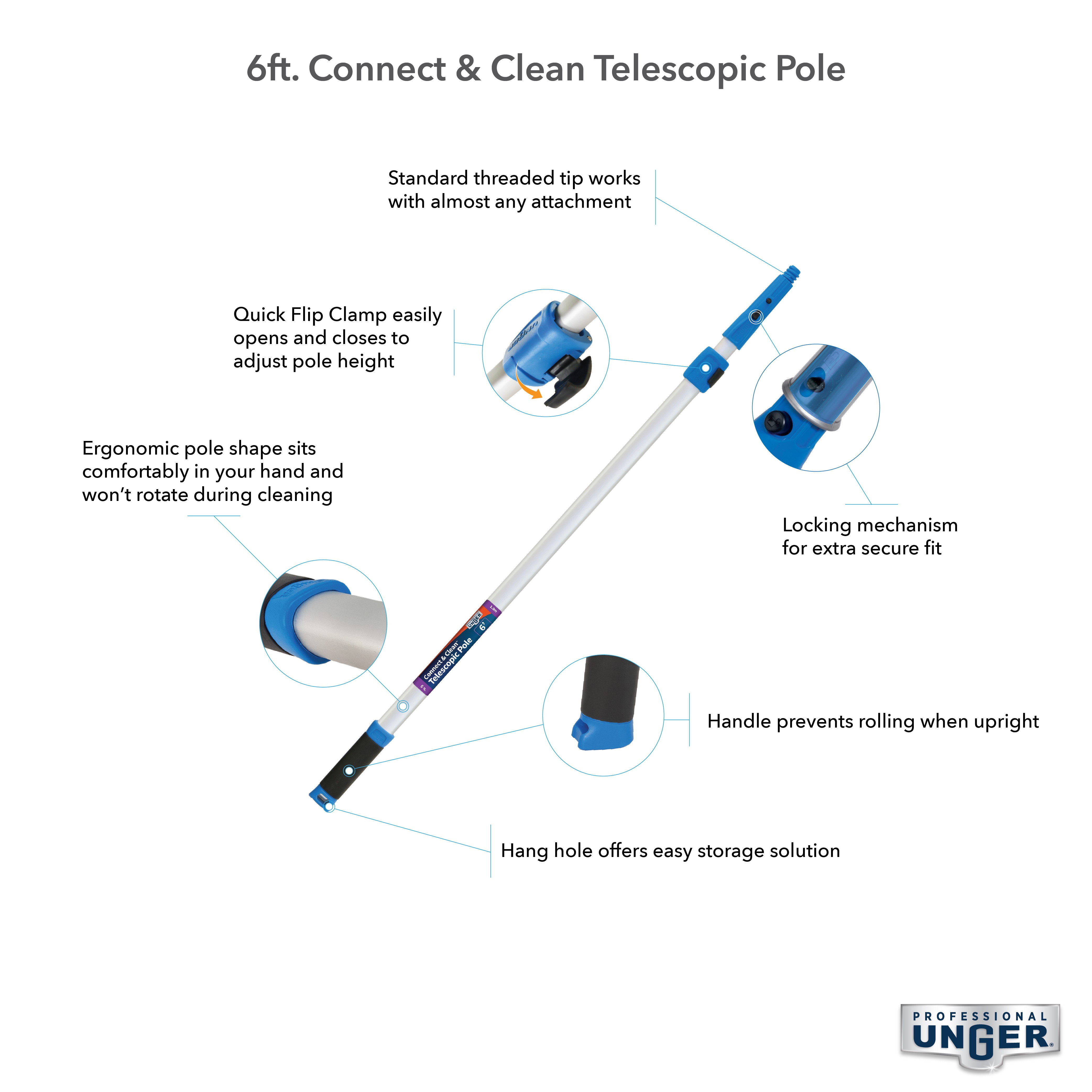 Unger Professional 972920 Telescopic Pole with Connect and Clean Locking Cone and Quick-Flip Clamps, 3 ft Min Pole L, 6 ft Max Pole L - 2