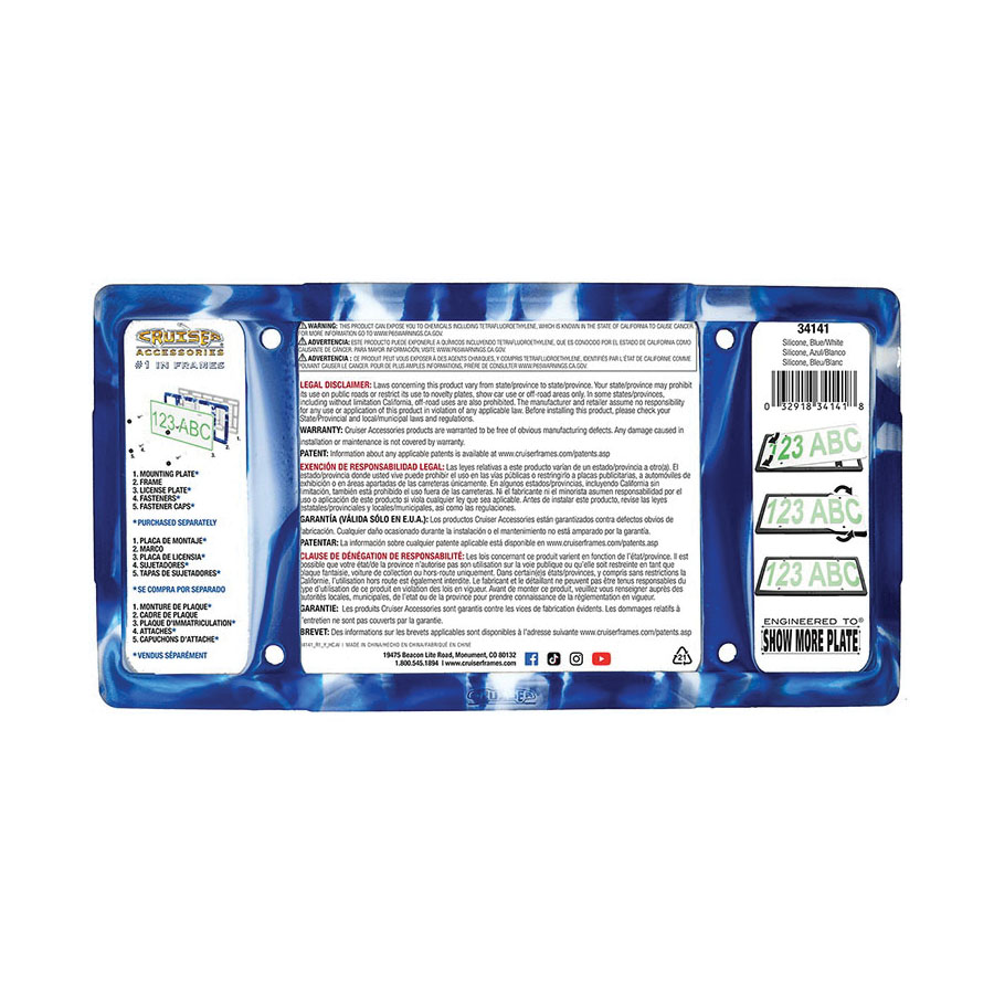 Cruiser Accessories 34141 License Plate Frame, 6 in L, 12 in W, Silicone, Blue/White - 3