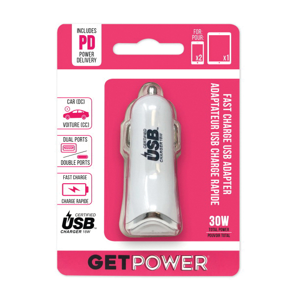 GetPower GP-DC2USB-PD Dual Port DC Car Adapter, 2.4 A Output, White Housing - 2
