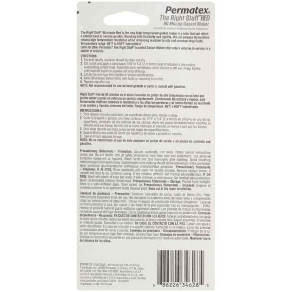 Permatex The Right Stuff 90 Minute Series 34628 Gasket Maker, Red, 3 oz Tube, Paste - 2