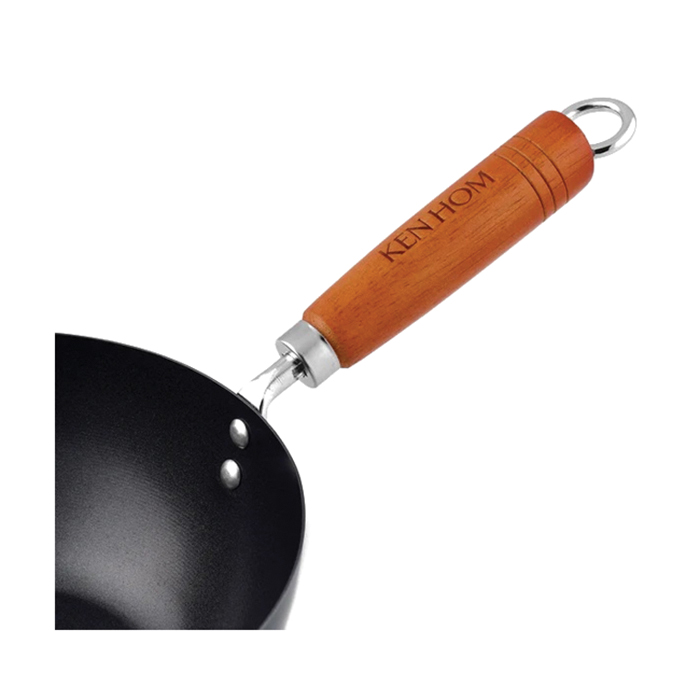 Ken Hom KH320001U Mini Wok, 20 cm Dia, 11 cm H, Carbon Steel Pan, Black Pan, Long Handle, Wood Handle - 2