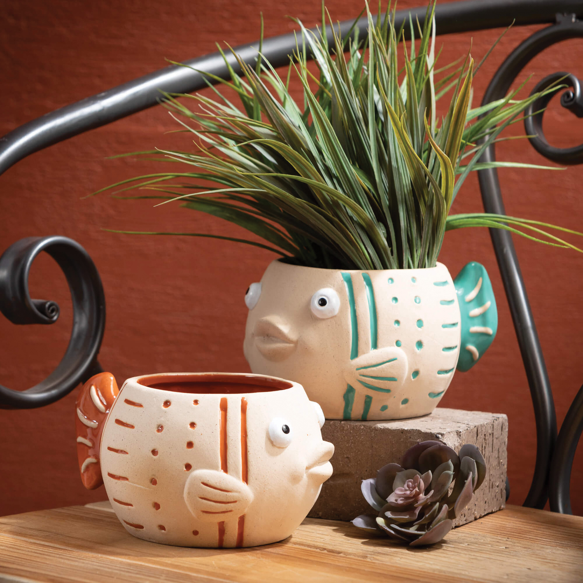 Sullivans N2830 Planter Set, 3-1/2 in H, 7 in W, Frolicking Fish Design, Ceramic, Multi-Color - 3