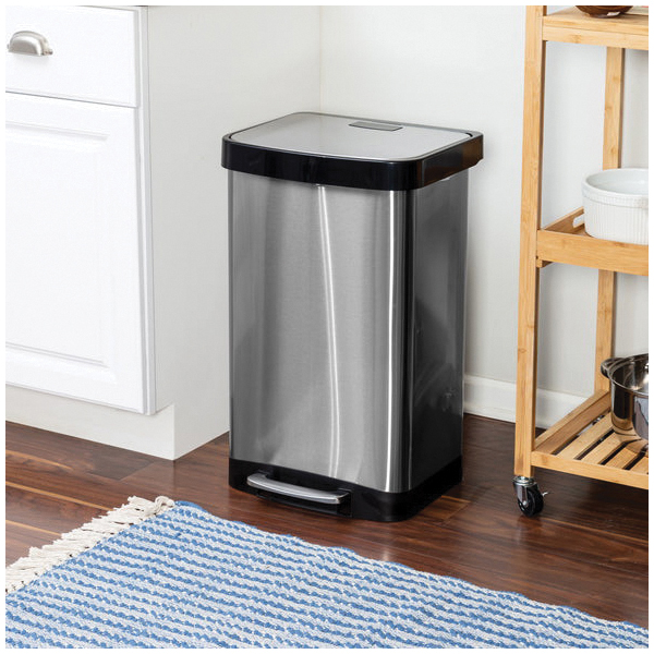 Honey-Can-Do TRS-08993 Step Trash Can, 50 L, Plastic/Stainless Steel, Black/Silver, Lid - 2