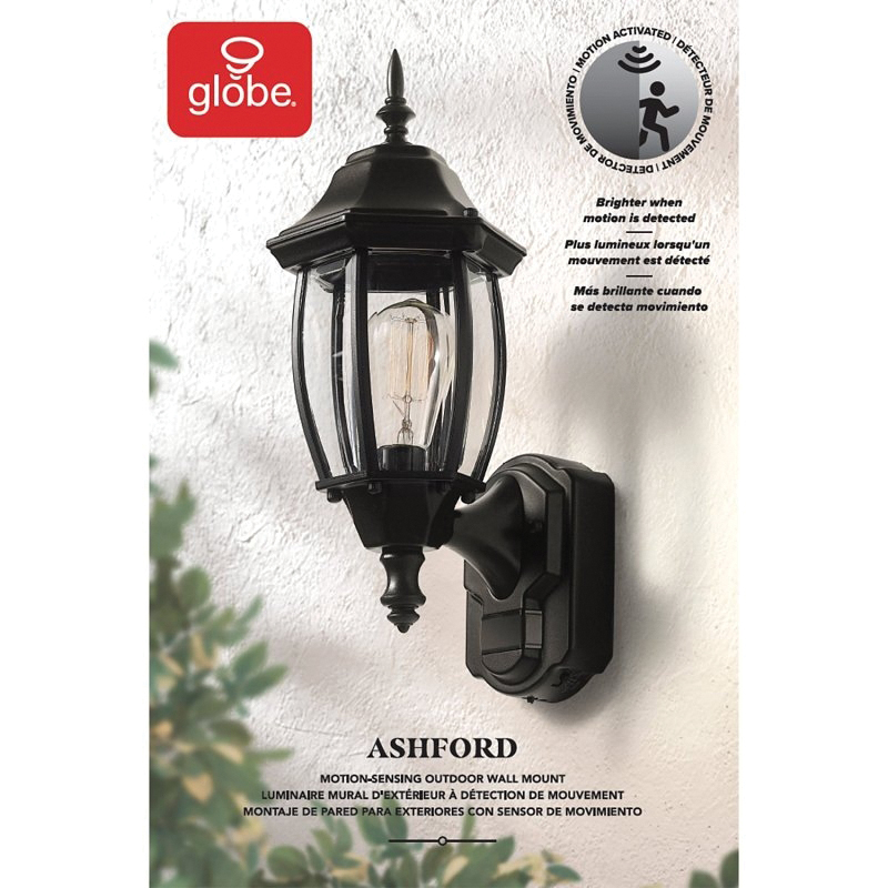 globe Ashford 60000002 Motion-Sensing Wall Lantern, LED Lamp, Black Fixture, Matte Black Fixture - 2