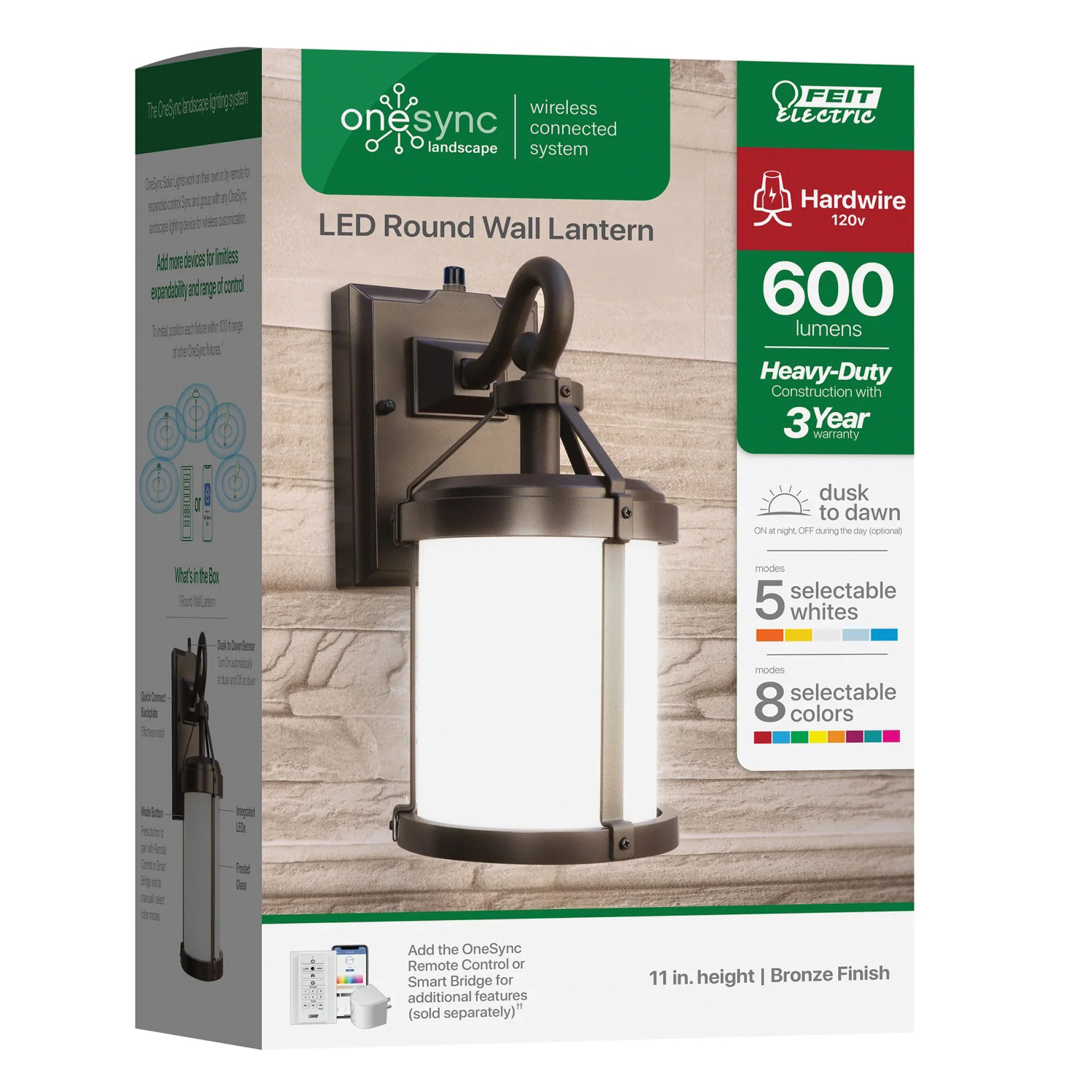 Feit Electric OneSync LAN11RND/SYNC/BZ Wall Lantern, 120 V, LED Lamp, 600 Lumens, Metal Fixture, Bronze Fixture - 2