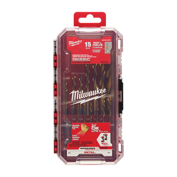 Milwaukee SHOCKWAVE Impact Duty RED HELIX Series 48-89-4670 Drill Bit Set, 15-Piece, Steel, Titanium - 5