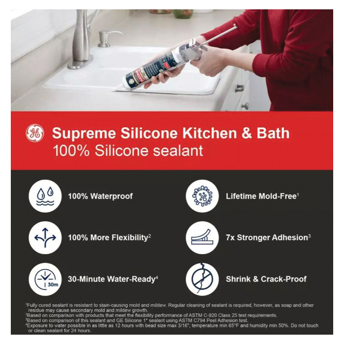 GE Supreme Silicone 2823400 Kitchen & Bath Sealant, White, 24 hr Curing, 2.8 fl-oz Squeeze Tube - 4