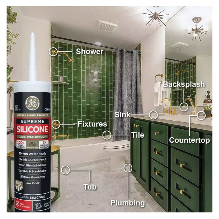 GE Supreme Silicone 2823400 Kitchen & Bath Sealant, White, 24 hr Curing, 2.8 fl-oz Squeeze Tube - 5