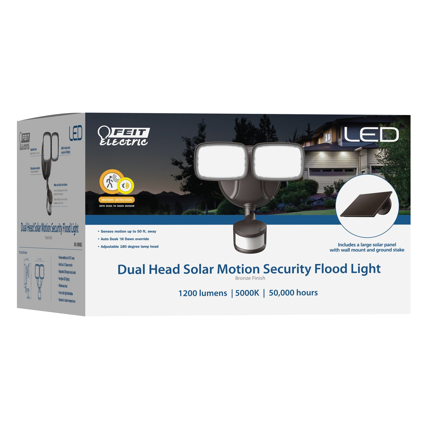 Feit Electric S9.5/1200/850/SOL/BZ Solar-Powered Security Light, 120 V, 2-Lamp, LED Lamp, Daylight, 1200 Lumens - 2