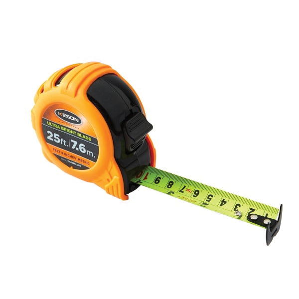 Keson Ultra Bright Series PG18M25UB Tape Measure, 25 ft L Blade, 1 in W Blade, Steel Blade, ABS Case, Orange Case - 2