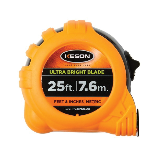Keson Ultra Bright Series PG18M25UB Tape Measure, 25 ft L Blade, 1 in W Blade, Steel Blade, ABS Case, Orange Case - 3