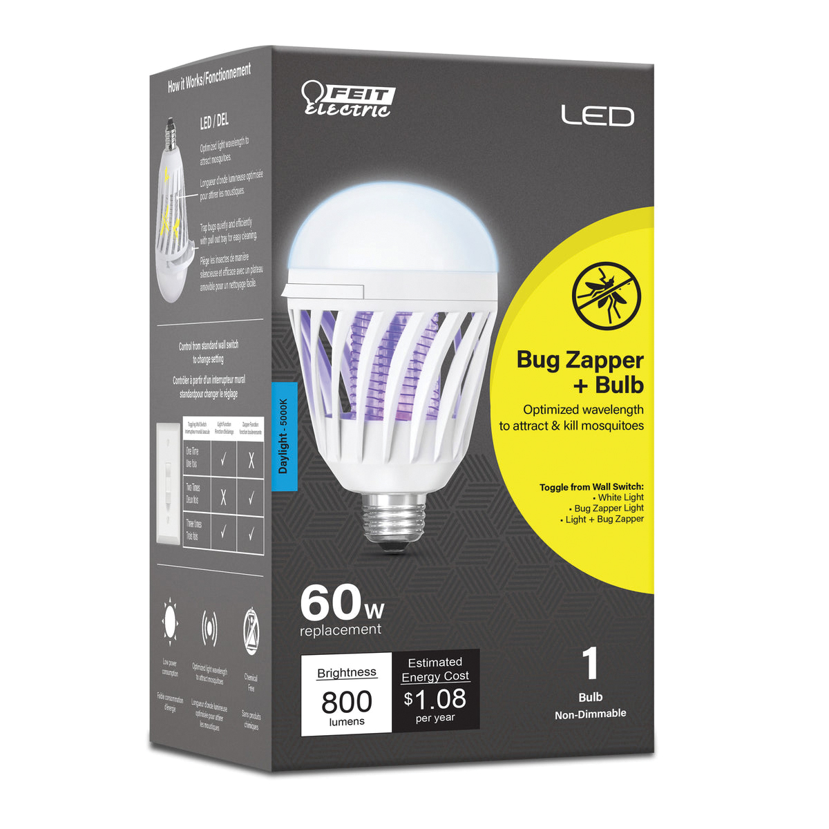 Feit Electric C60/950CA/BZ/LED Bug Zapper and Light Bulb, 9 W, Cylinder Bulb, E26 Base, LED Lamp, 800 - 2