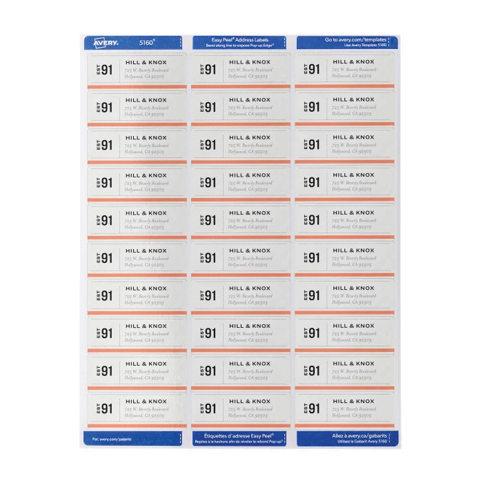 Avery Easy Peel 5160 Address Label, 1 in L, 2-5/8 in W, 3000/PK - 3