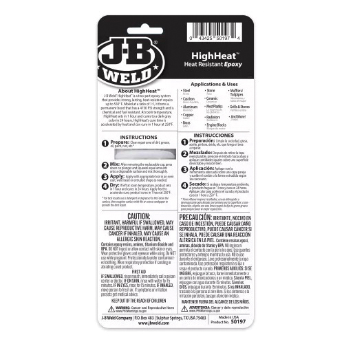 J-B Weld HighHeat 50197 Epoxy Adhesive, Black/White, Paste (Part A), Solid (Part B), 25 mL Syringe - 3