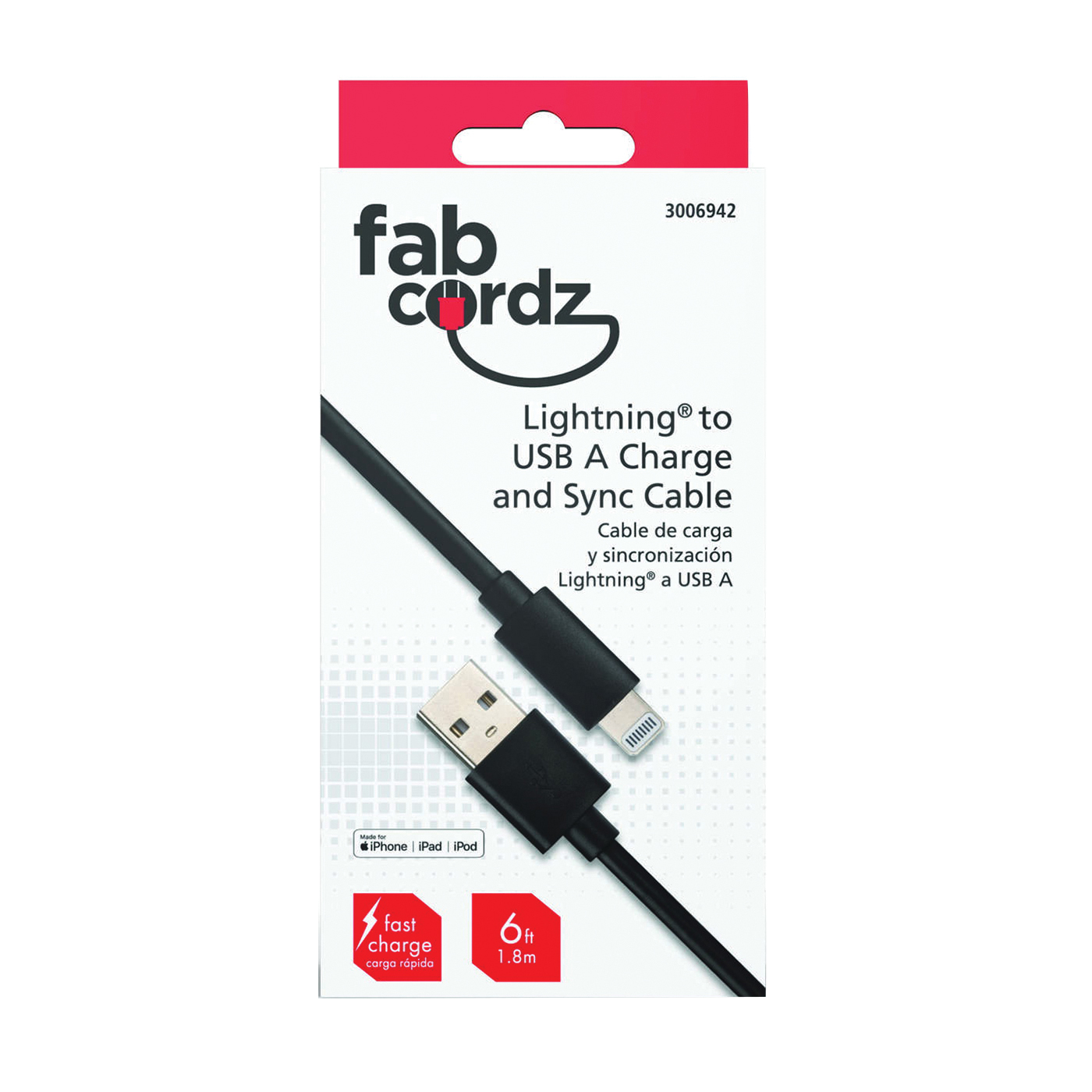 FabCordz FAB-1002 Charge and Sync Cable, Lightning Plug, USB A, Black, 6 ft L - 2