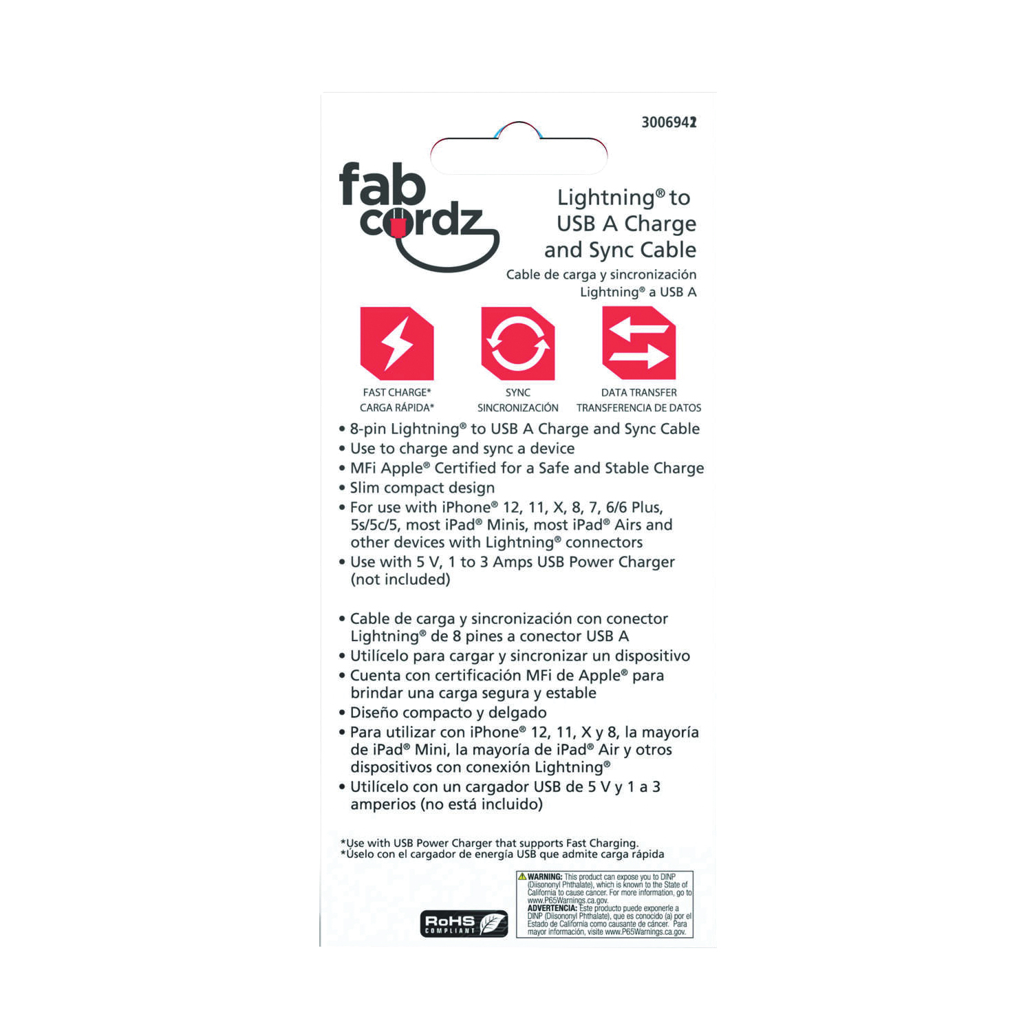 FabCordz FAB-1002 Charge and Sync Cable, Lightning Plug, USB A, Black, 6 ft L - 3