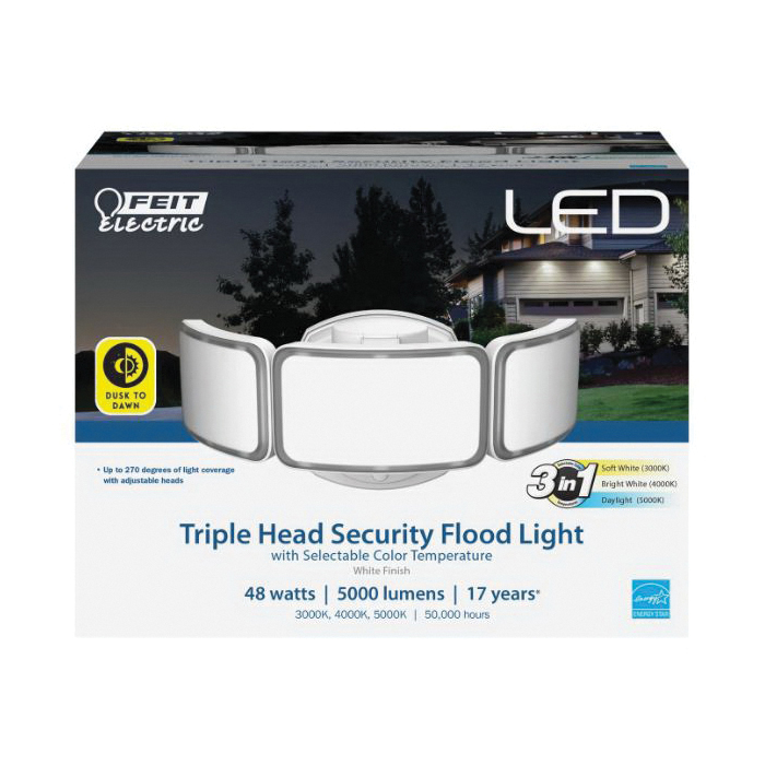 Feit Electric S10.5TFL/3CCT/DD/WH Triple-Head Security Flood Light, 120 V, 48 W, Integrated LED Lamp, 5000 Lumens - 2
