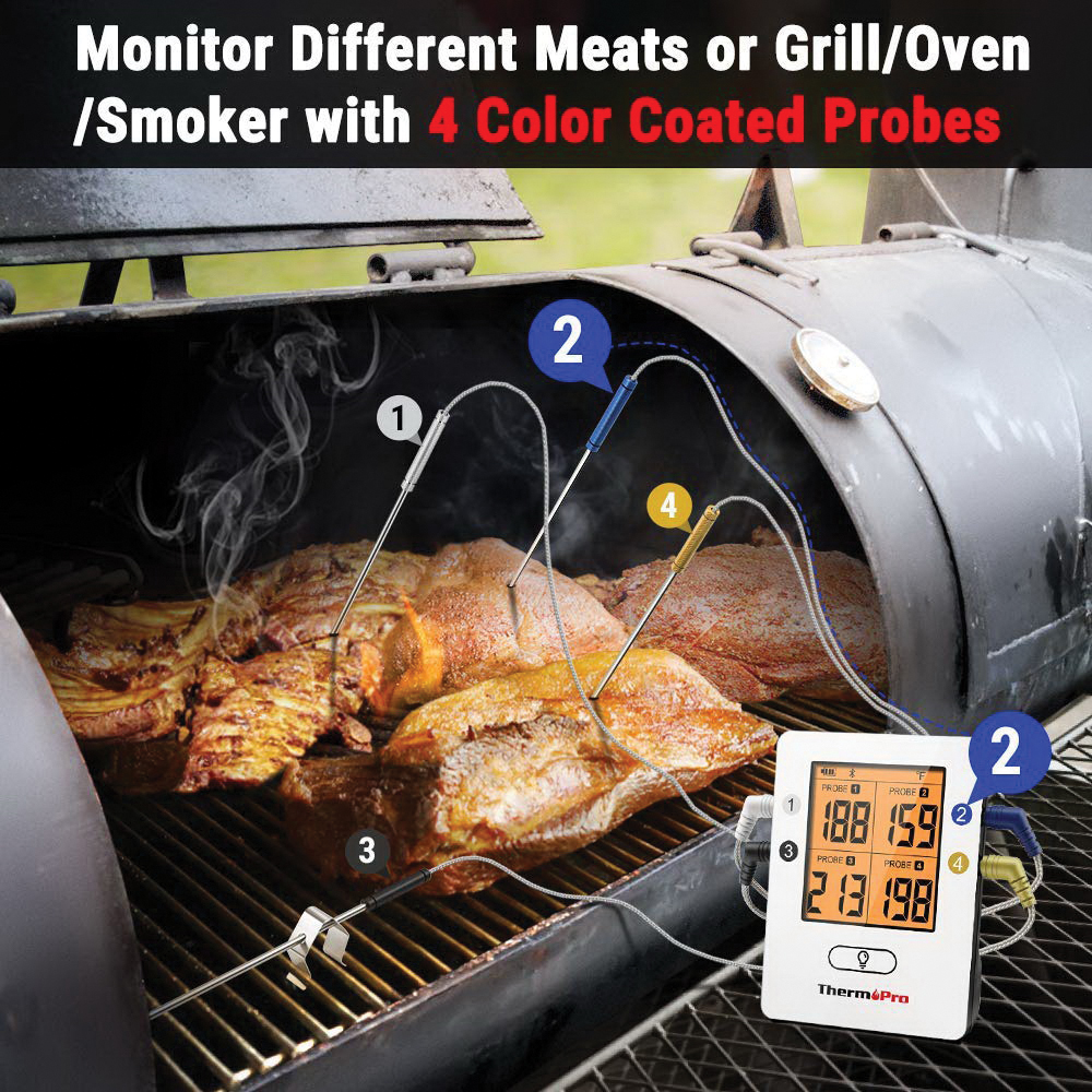 ThermoPro TP25W Meat Thermometer, 500 ft, LCD Display, NTC Sensor, 8-1/2 in L Probe, Stainless Steel Probe Material - 4