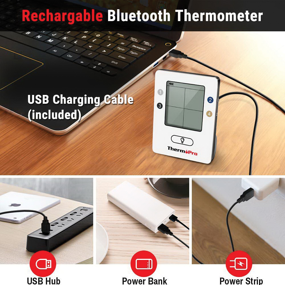 ThermoPro TP25W Meat Thermometer, 500 ft, LCD Display, NTC Sensor, 8-1/2 in L Probe, Stainless Steel Probe Material - 5