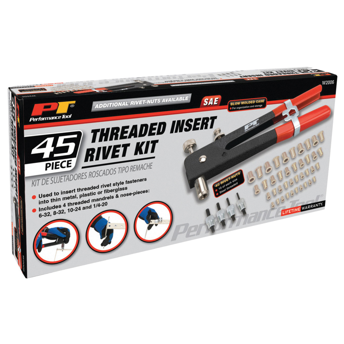 Performance Tool W2006 Insert Rivet Kit, Threaded Rivet, Comfort Grip Handle, Aluminum/Plastic, Black Anodized - 2