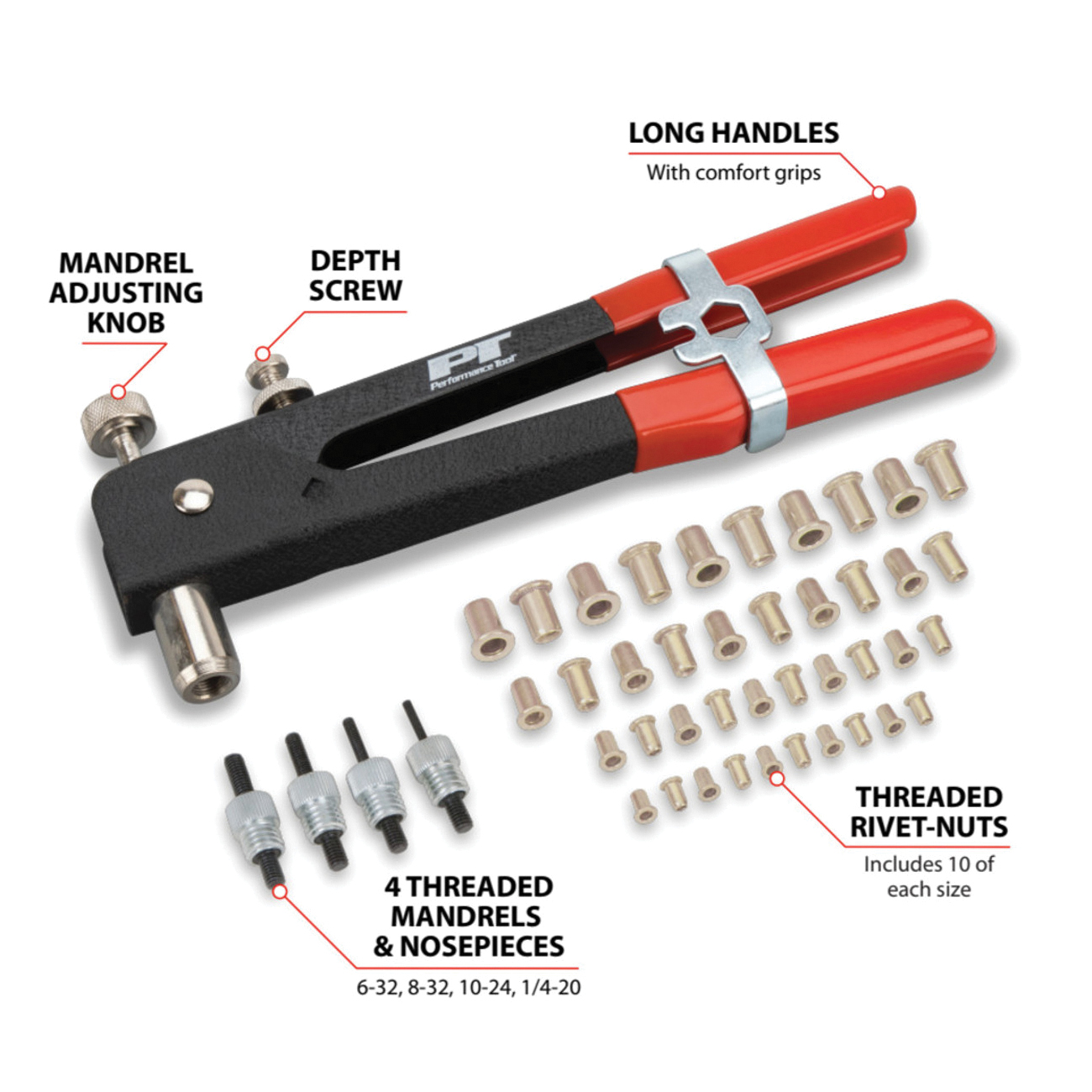 Performance Tool W2006 Insert Rivet Kit, Threaded Rivet, Comfort Grip Handle, Aluminum/Plastic, Black Anodized - 3