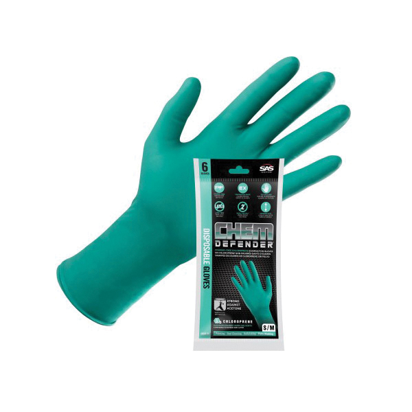 SAS Safety Corp Chemdefender 66592-06 Disposable Gloves, S/M, Chloroprene, Powder-Free, Green, 12 in L - 5