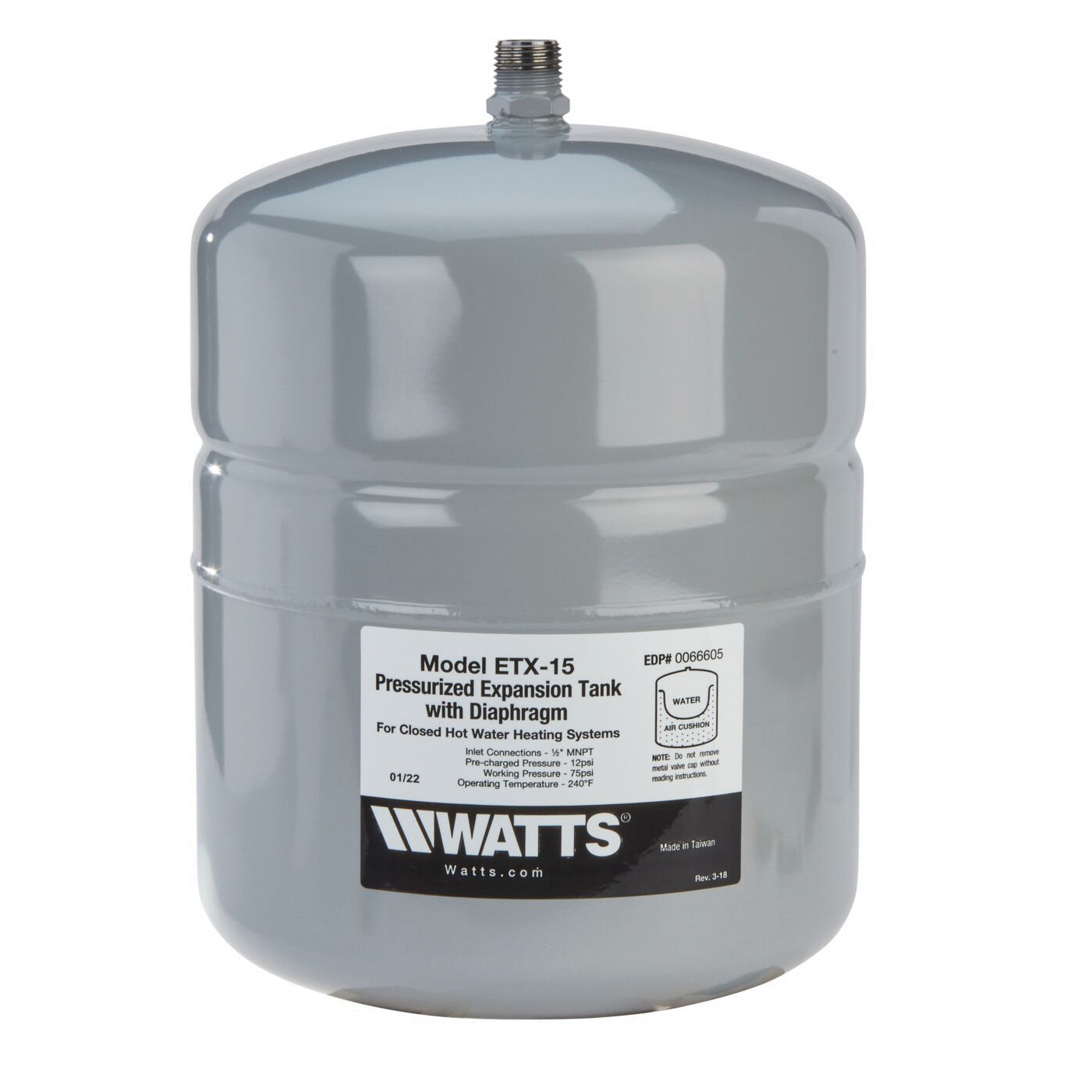 Watts ETX Series ETX-15 Non-Potable Expansion Tank, 2.1 gal, 1/2 in Connection, Carbon Steel, Gray